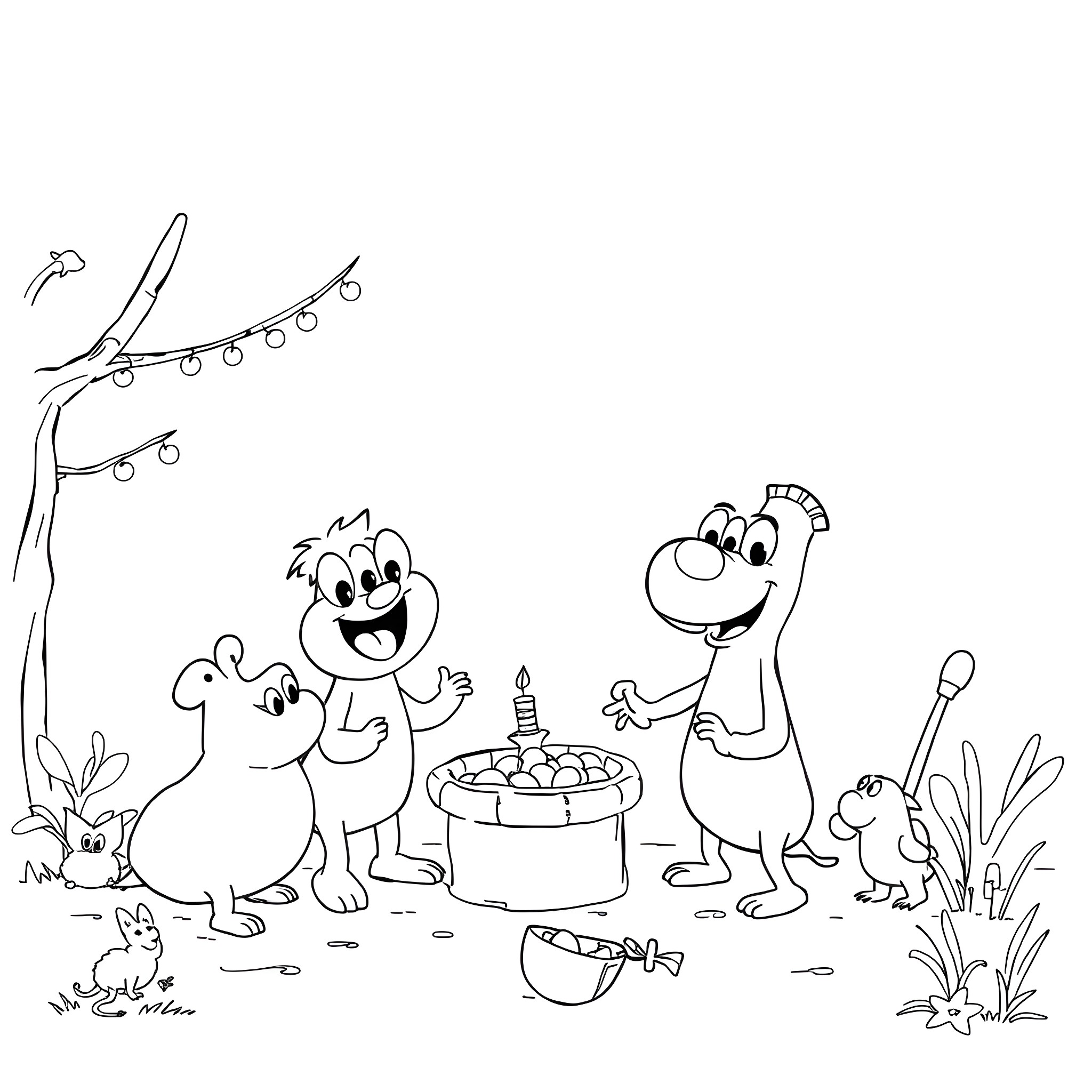 Dandy creatures celebrate a birthday party in the wild Coloring Page (free black-and-white line drawing printable PDF for all, from beginners to advanced learners, including children, teens, adults, and seniors)