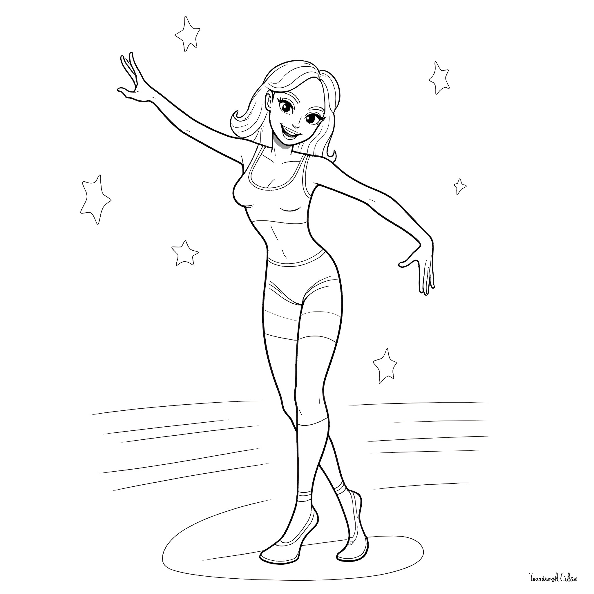 Jenna Jamison performing energetic dance moves under the stars Coloring Page (free black-and-white line drawing printable PDF for all, from beginners to advanced learners, including children, teens, adults, and seniors)