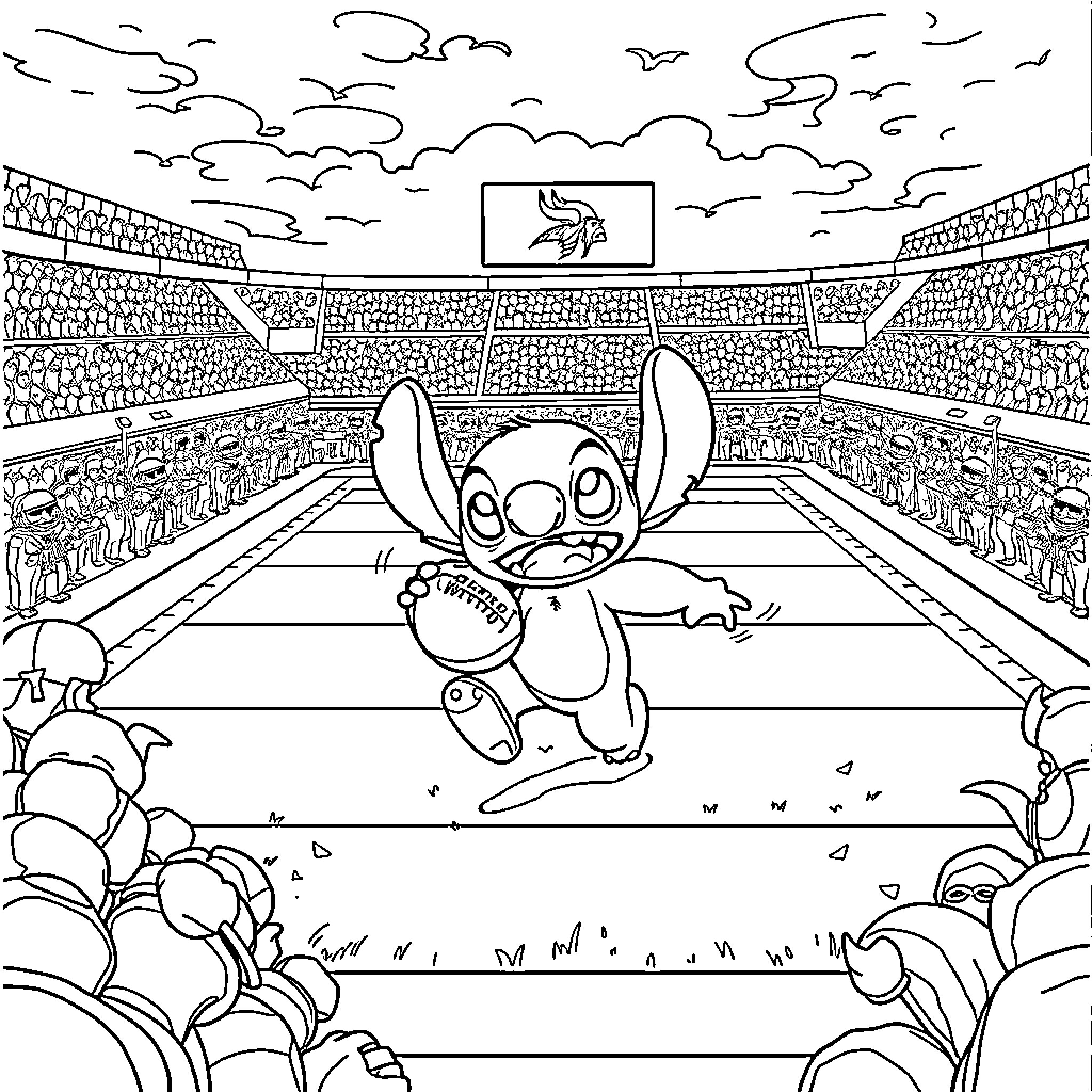 Stitch cheering happily in a sports stadium Coloring Page (free black-and-white line drawing printable PDF for all, from beginners to advanced learners, including children, teens, adults, and seniors)