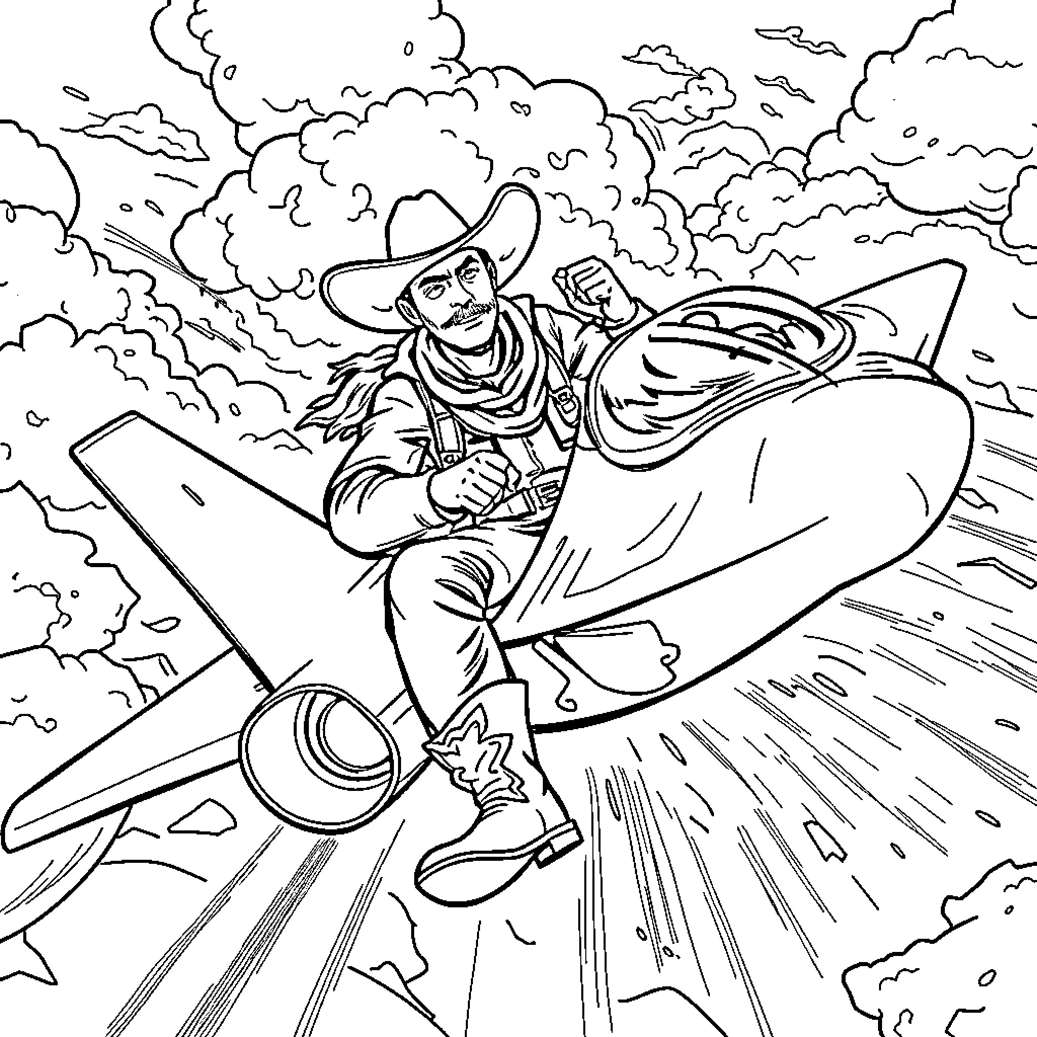 Cowboy riding a rocket through the clouds Coloring Page (free black-and-white line drawing printable PDF for all, from beginners to advanced learners, including children, teens, adults, and seniors)