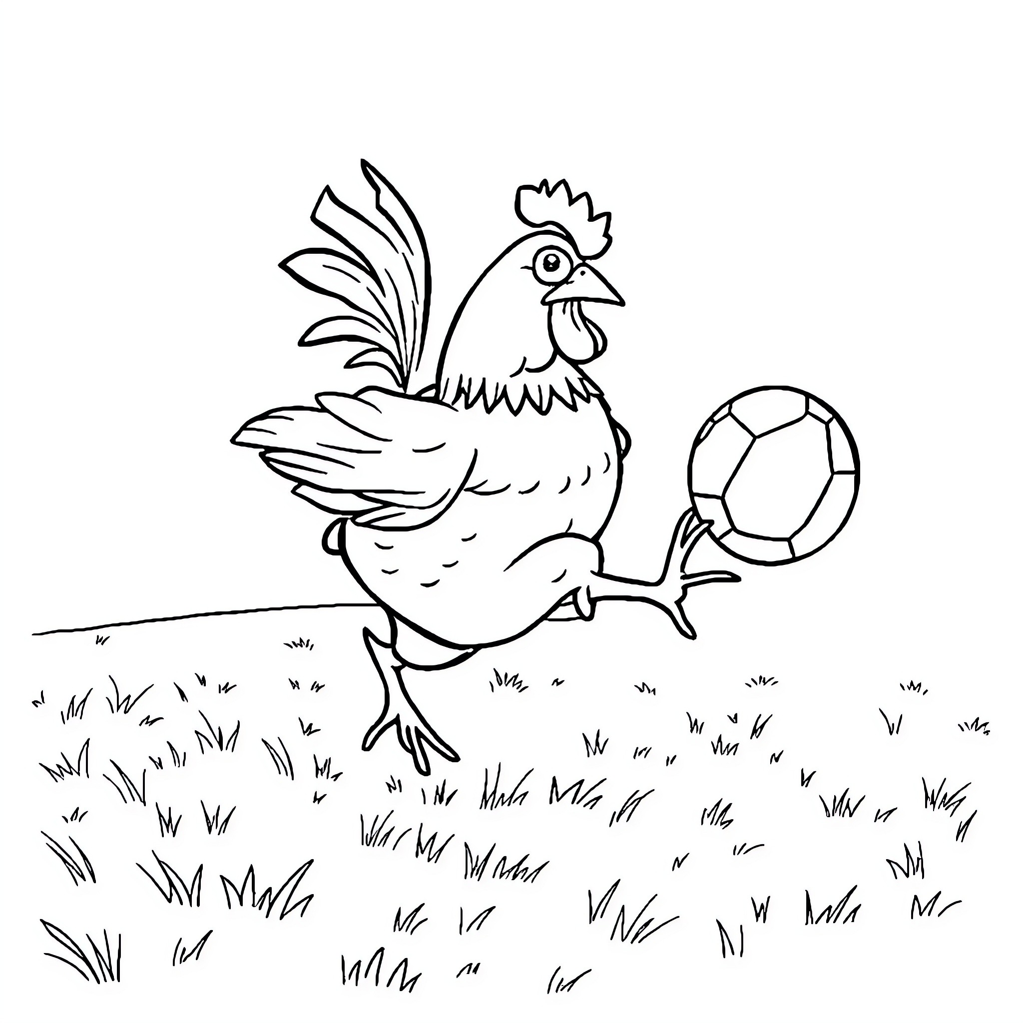 Chicken playing with a soccer ball in the field Coloring Page (free black-and-white line drawing printable PDF for all, from beginners to advanced learners, including children, teens, adults, and seniors)