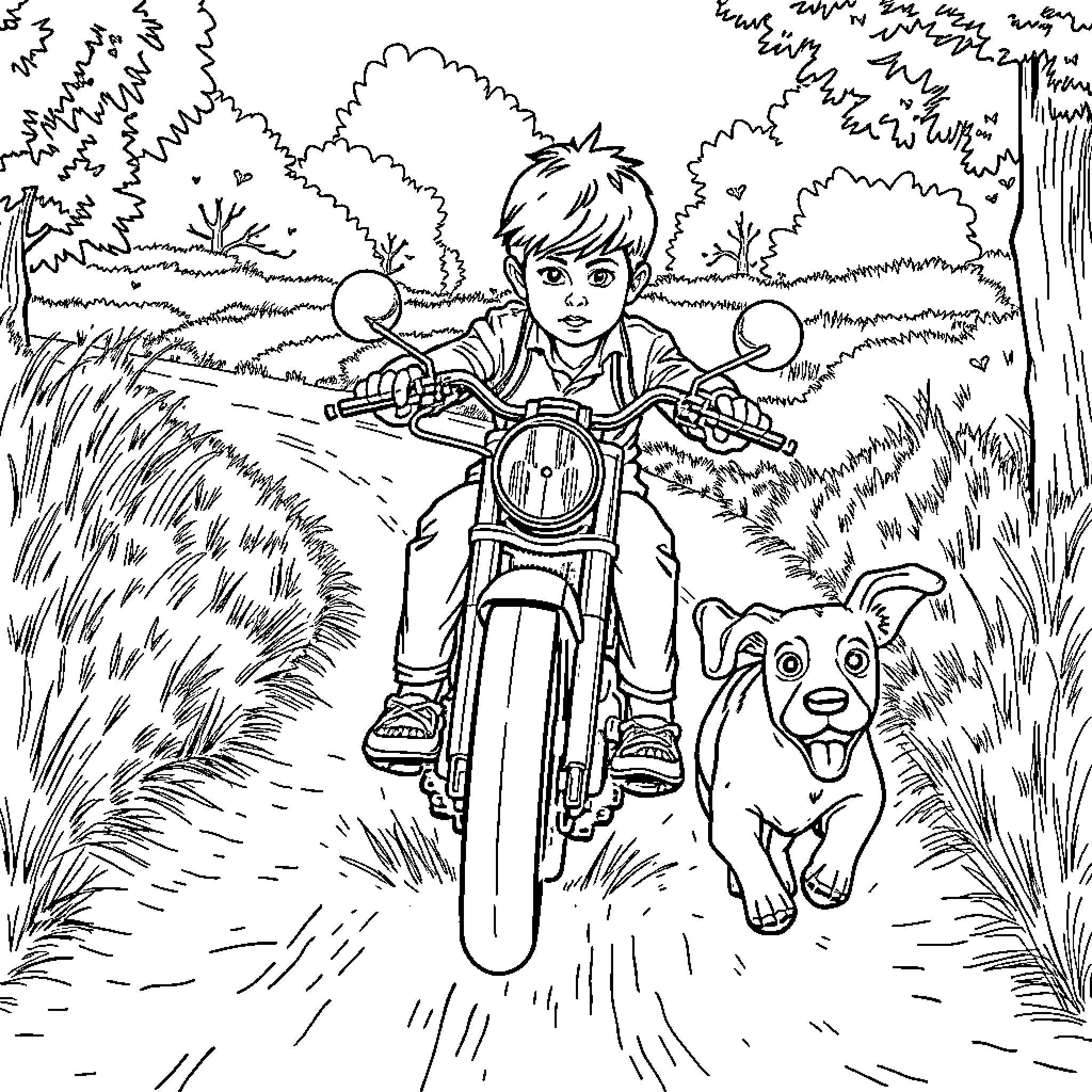 Boy riding motorcycle with his dog in the forest Coloring Page (free black-and-white line drawing printable PDF for all, from beginners to advanced learners, including children, teens, adults, and seniors)