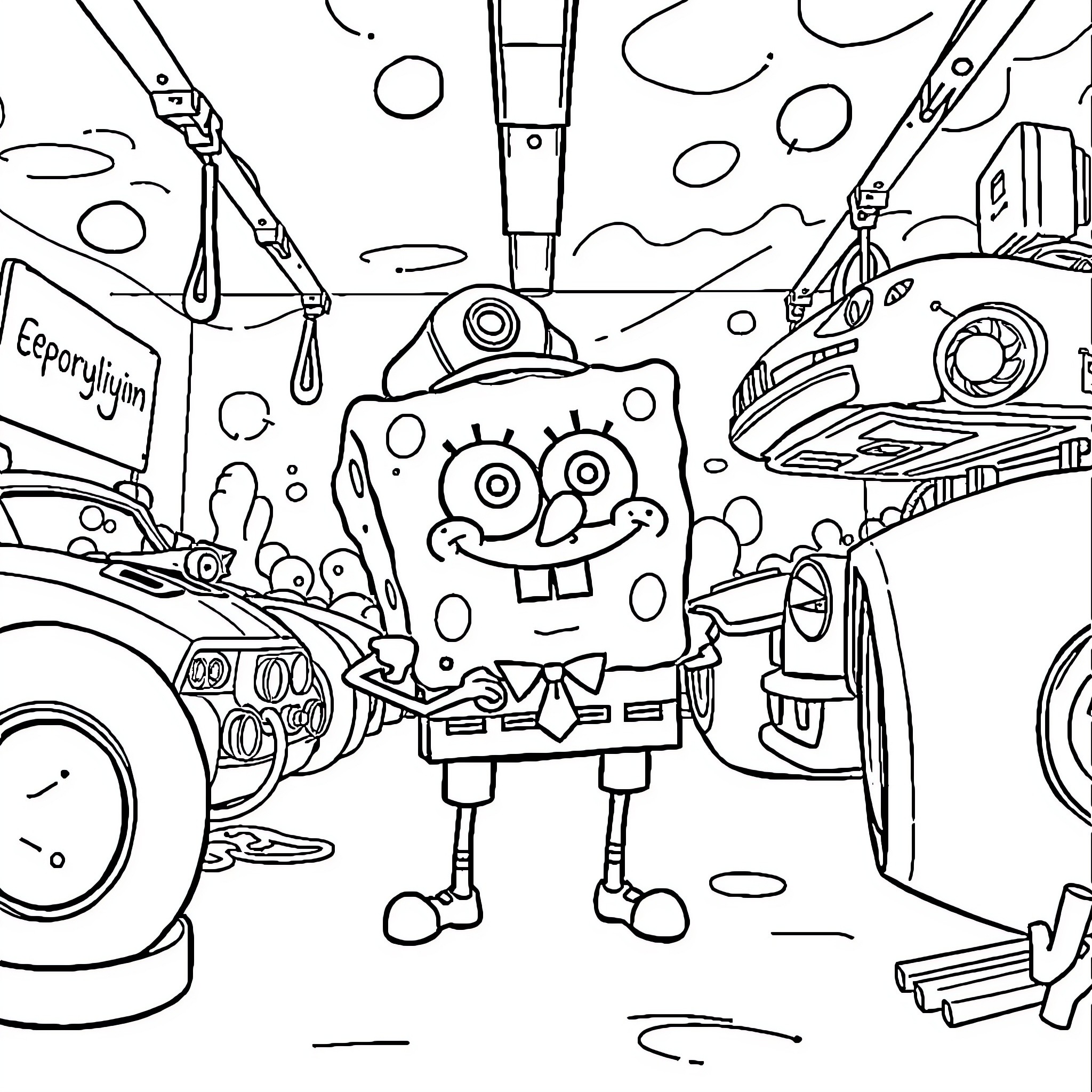 Spongebob in Colorful and Chaotic Underwater World Coloring Page (free black-and-white line drawing printable PDF for all, from beginners to advanced learners, including children, teens, adults, and seniors)