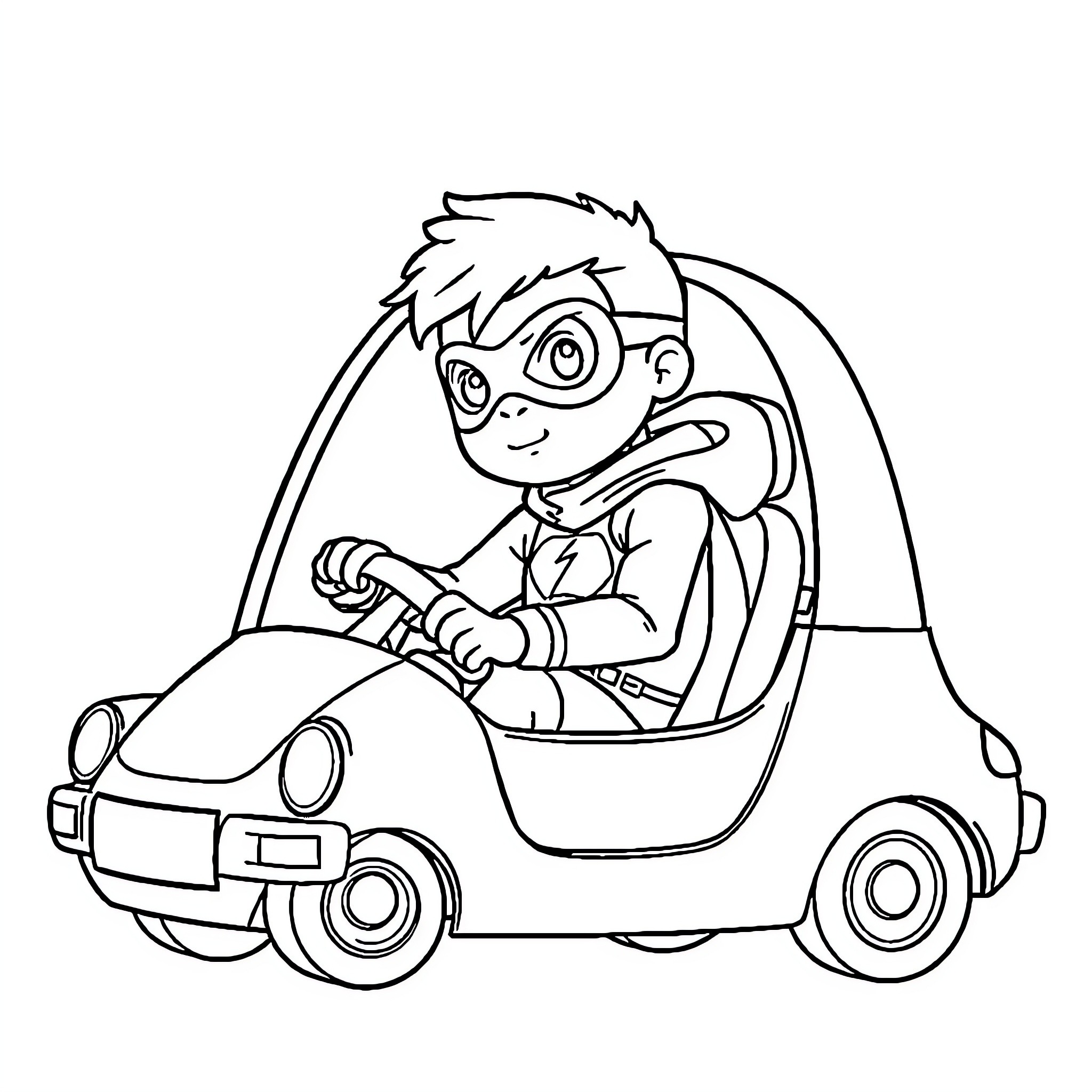 Superhero driving a cartoon car Coloring Page (free black-and-white line drawing printable PDF for all, from beginners to advanced learners, including children, teens, adults, and seniors)