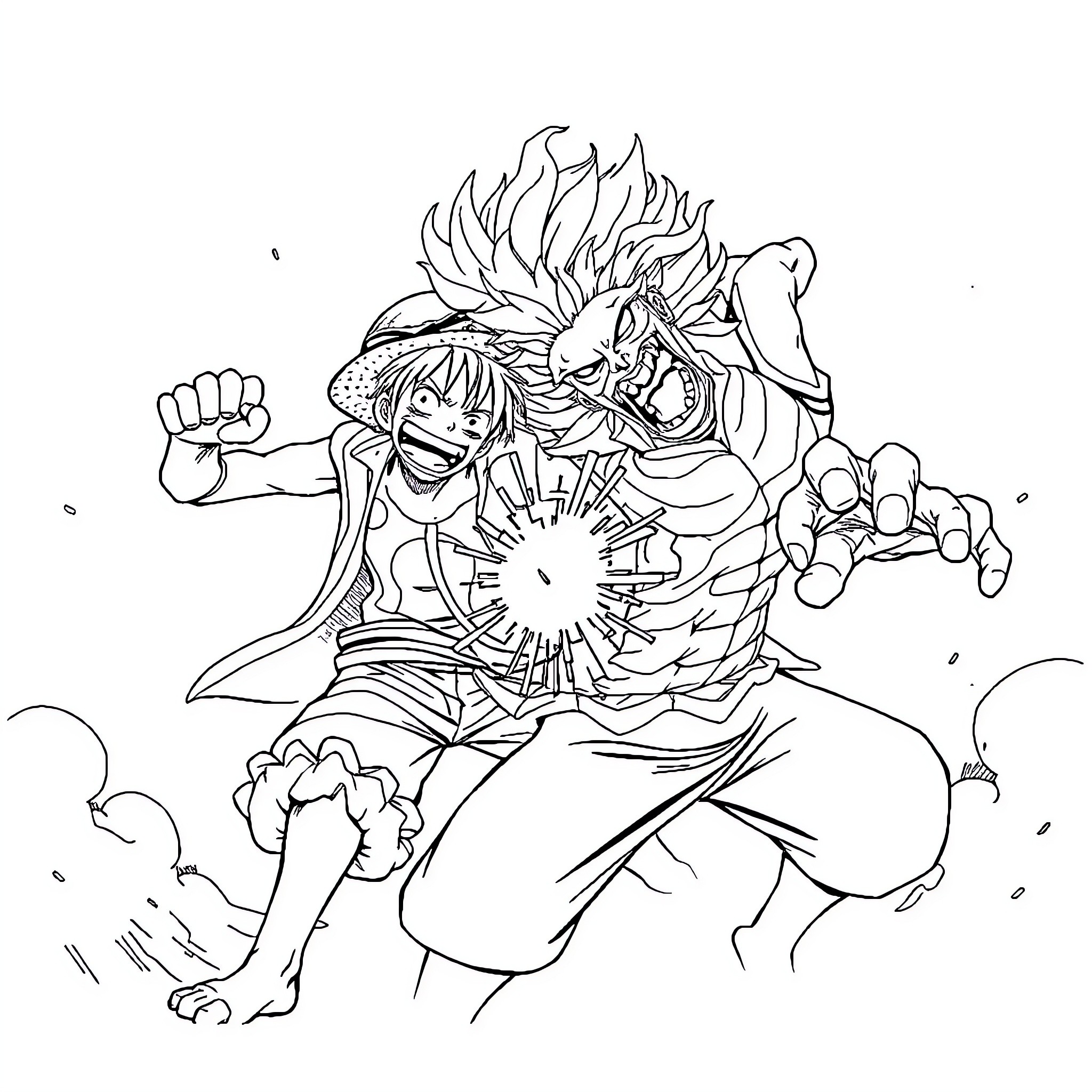 Luffy's Fierce Battle Cry Coloring Page (free black-and-white line drawing printable PDF for all, from beginners to advanced learners, including children, teens, adults, and seniors)