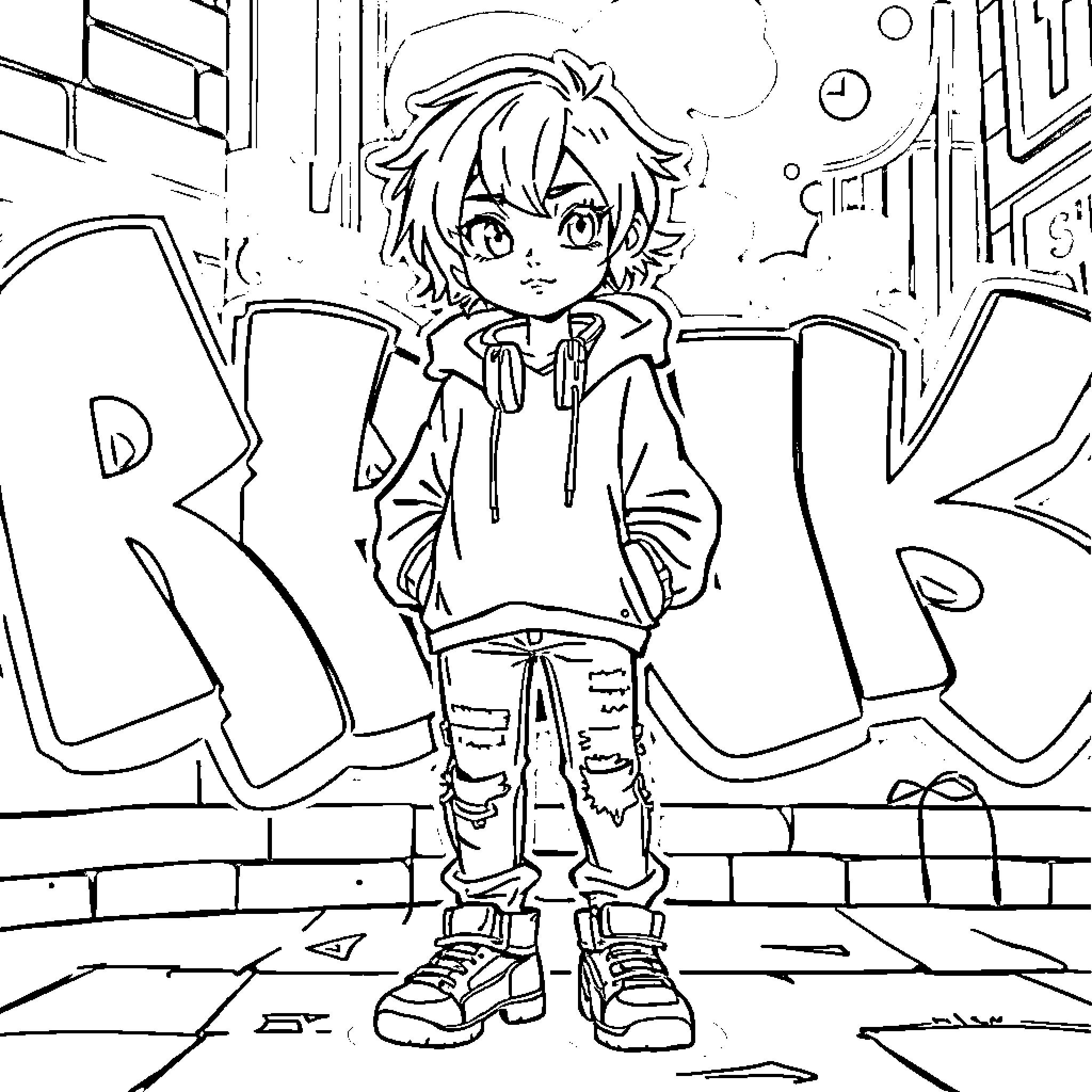 Girl standing confidently in graffiti alley Coloring Page (free black-and-white line drawing printable PDF for all, from beginners to advanced learners, including children, teens, adults, and seniors)