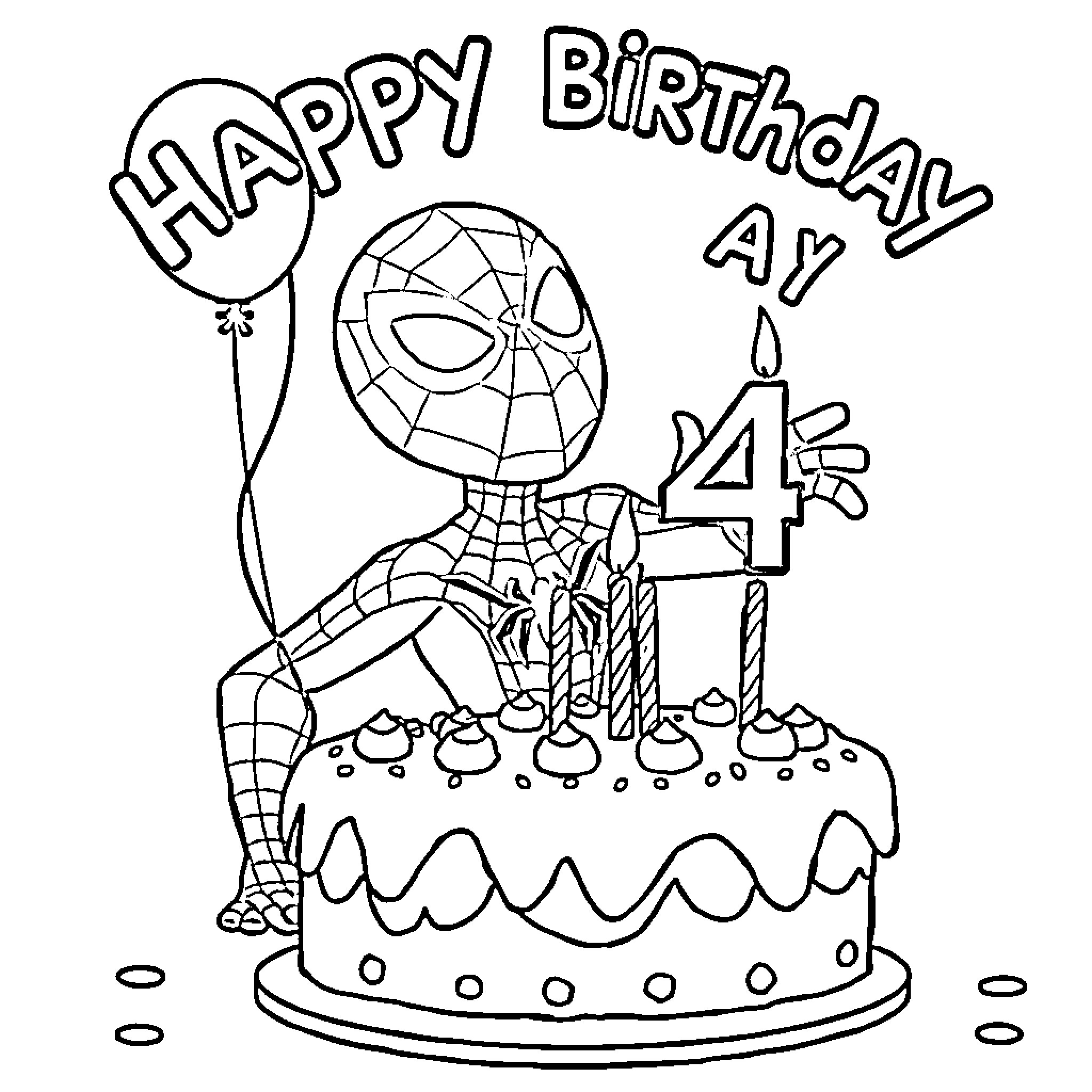 Spidey's 4th birthday celebration Coloring Page (free black-and-white line drawing printable PDF for all, from beginners to advanced learners, including children, teens, adults, and seniors)