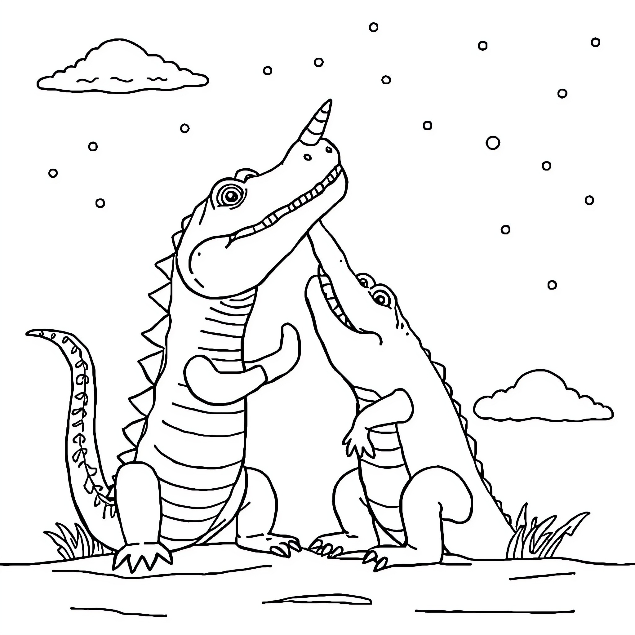 Unicorn dinosaurs playing in the snow Coloring Page (free black-and-white line drawing printable PDF for all, from beginners to advanced learners, including children, teens, adults, and seniors)