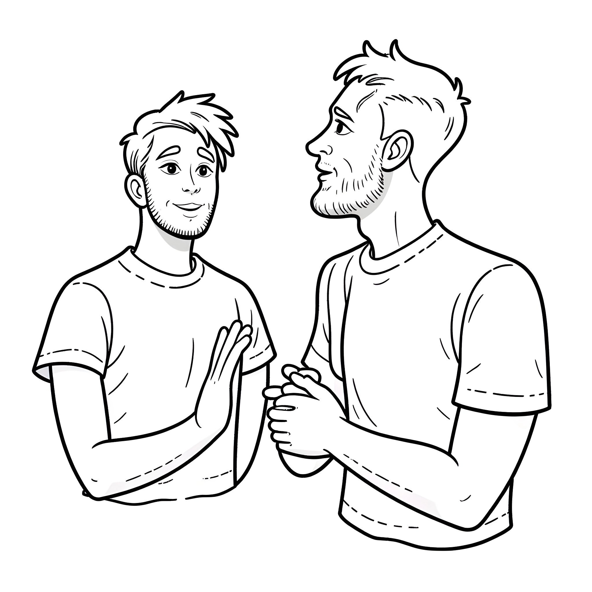 Man and man in conversation Coloring Page (free black-and-white line drawing printable PDF for all, from beginners to advanced learners, including children, teens, adults, and seniors)