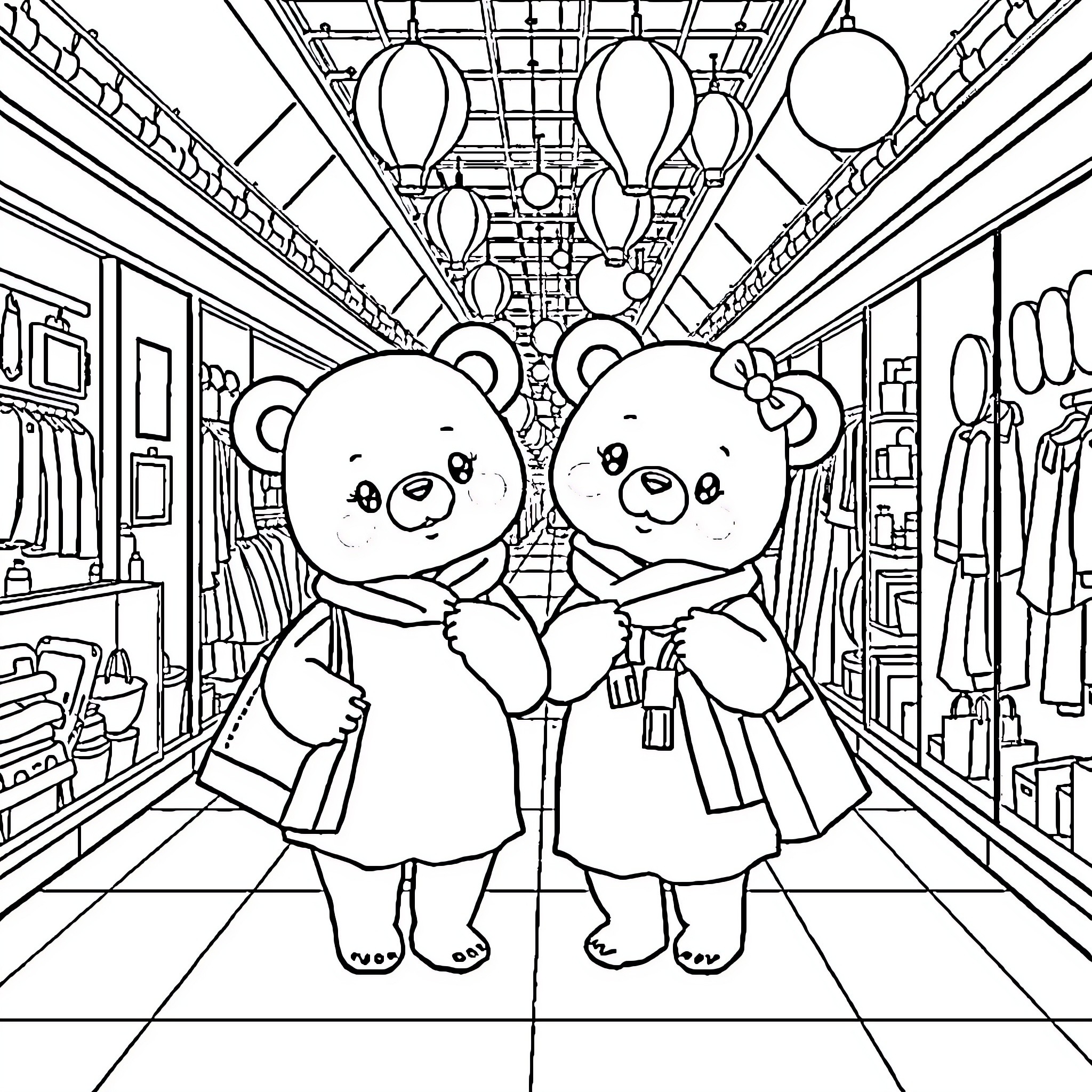 Bears browsing happily in a marketplace Coloring Page (free black-and-white line drawing printable PDF for all, from beginners to advanced learners, including children, teens, adults, and seniors)