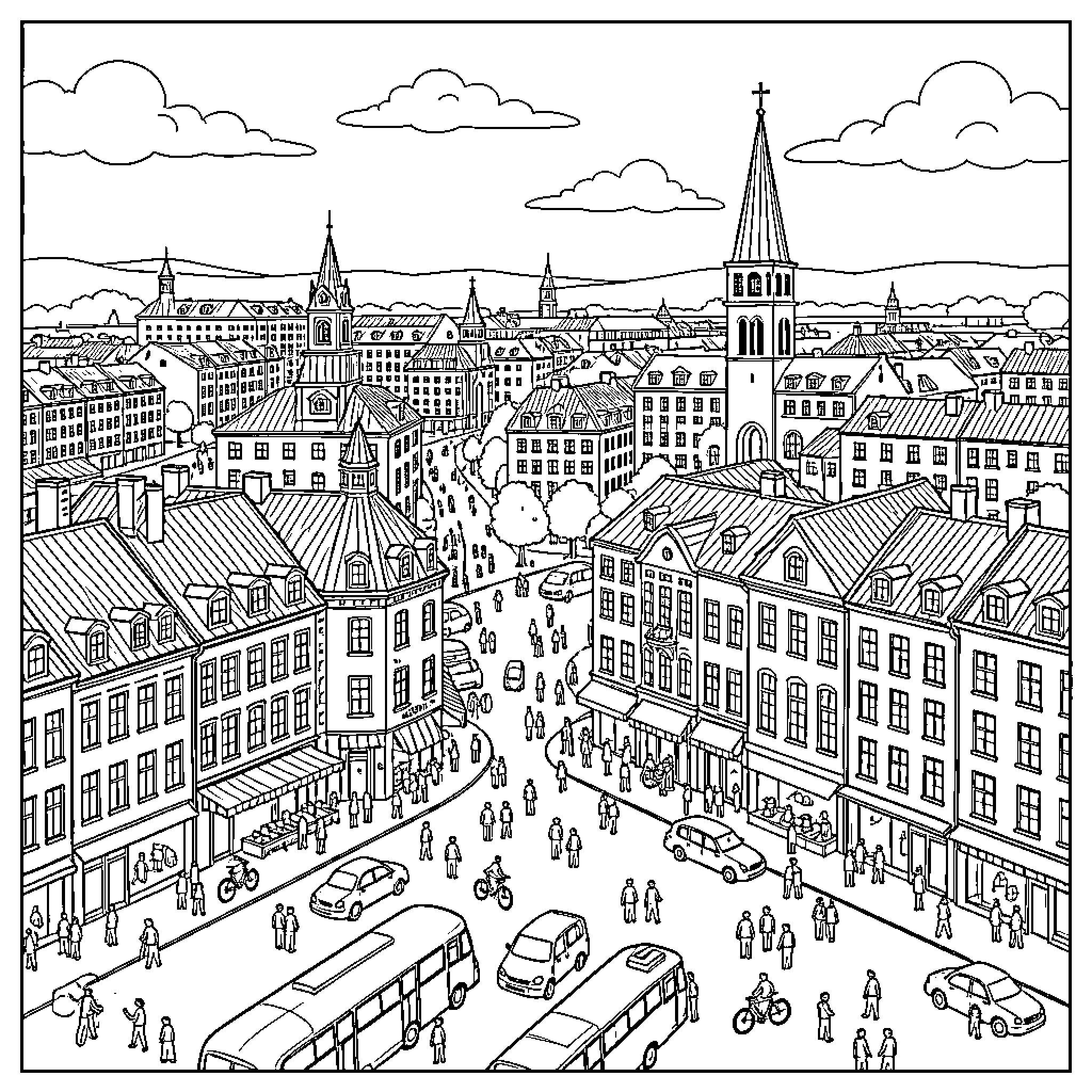 Gothenburg city life with people walking and vehicles driving Coloring Page (free black-and-white line drawing printable PDF for all, from beginners to advanced learners, including children, teens, adults, and seniors)