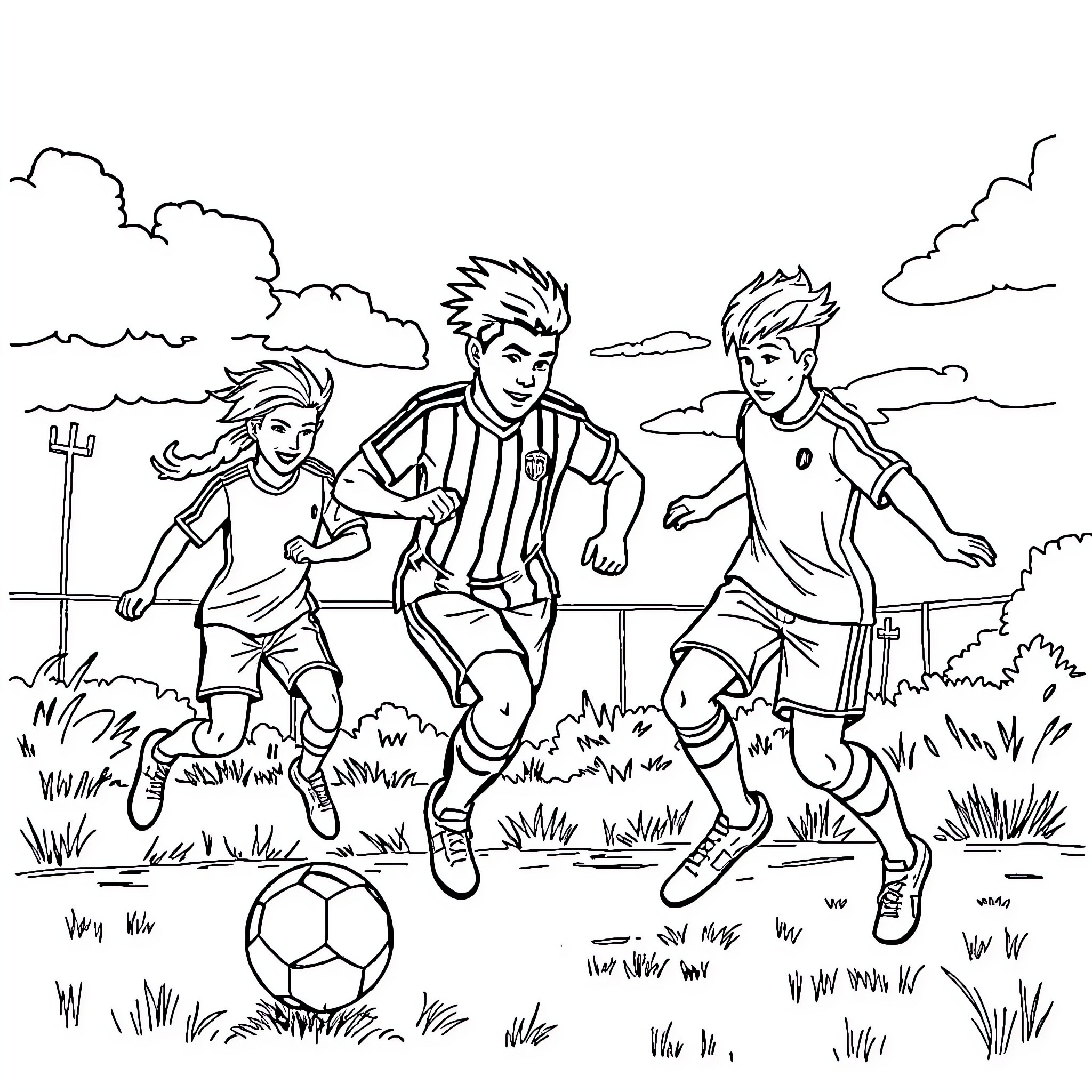 Ambre's Soccer Showdown on the Field Coloring Page (free black-and-white line drawing printable PDF for all, from beginners to advanced learners, including children, teens, adults, and seniors)