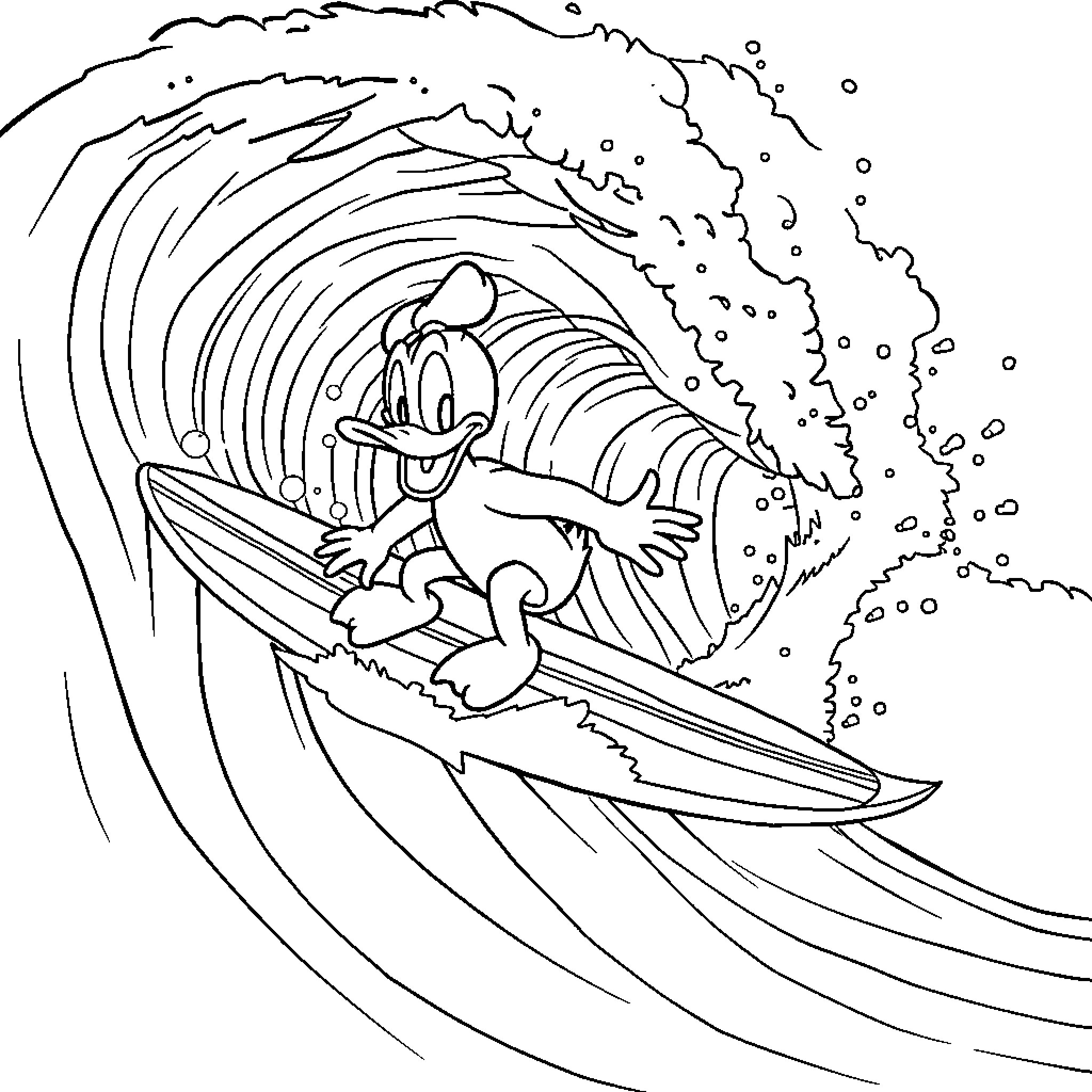 Duffy Duck surfing in a giant wave Coloring Page (free black-and-white line drawing printable PDF for all, from beginners to advanced learners, including children, teens, adults, and seniors)