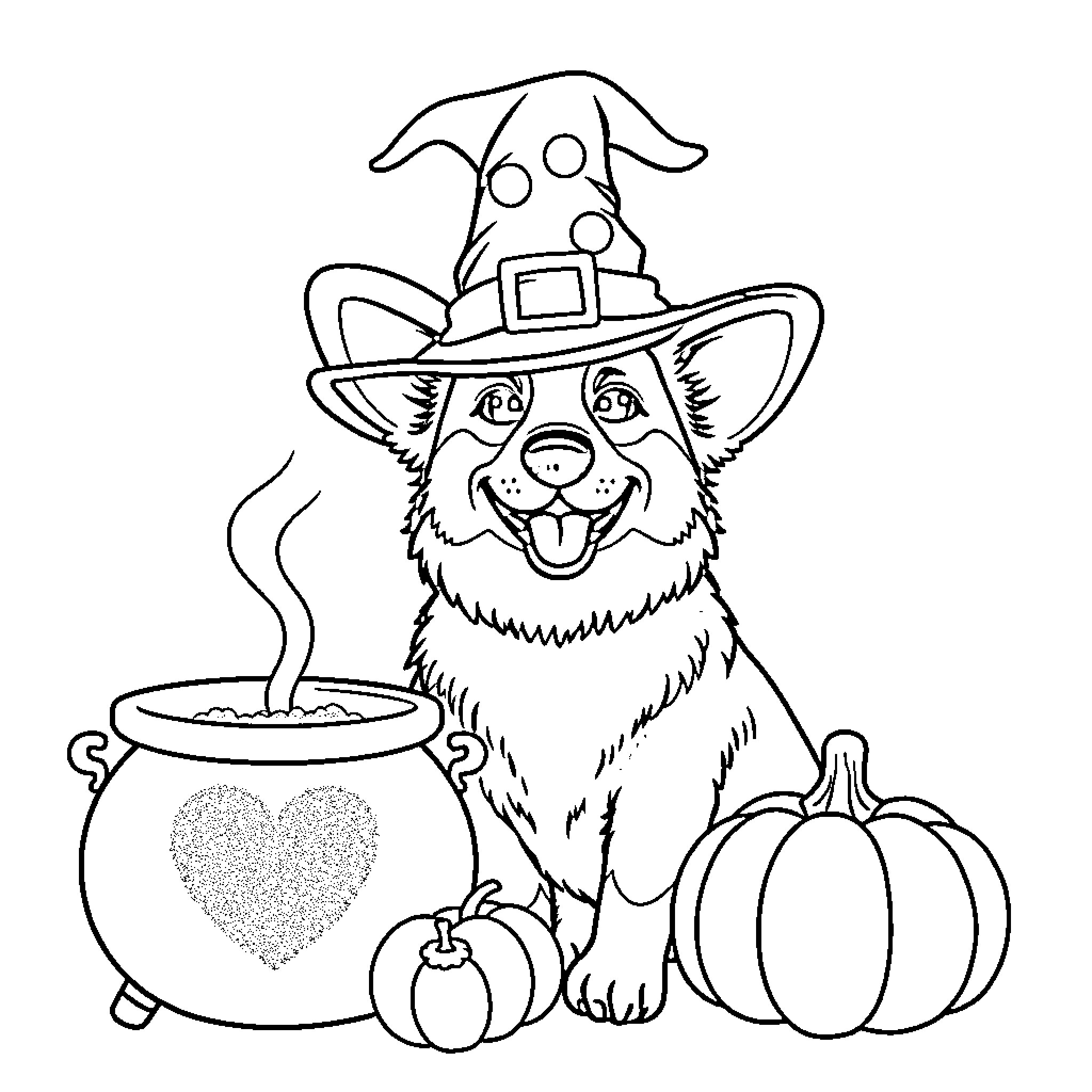 Corgi dressed as Witch with Pumpkins and Cauldron Coloring Page (free black-and-white line drawing printable PDF for all, from beginners to advanced learners, including children, teens, adults, and seniors)