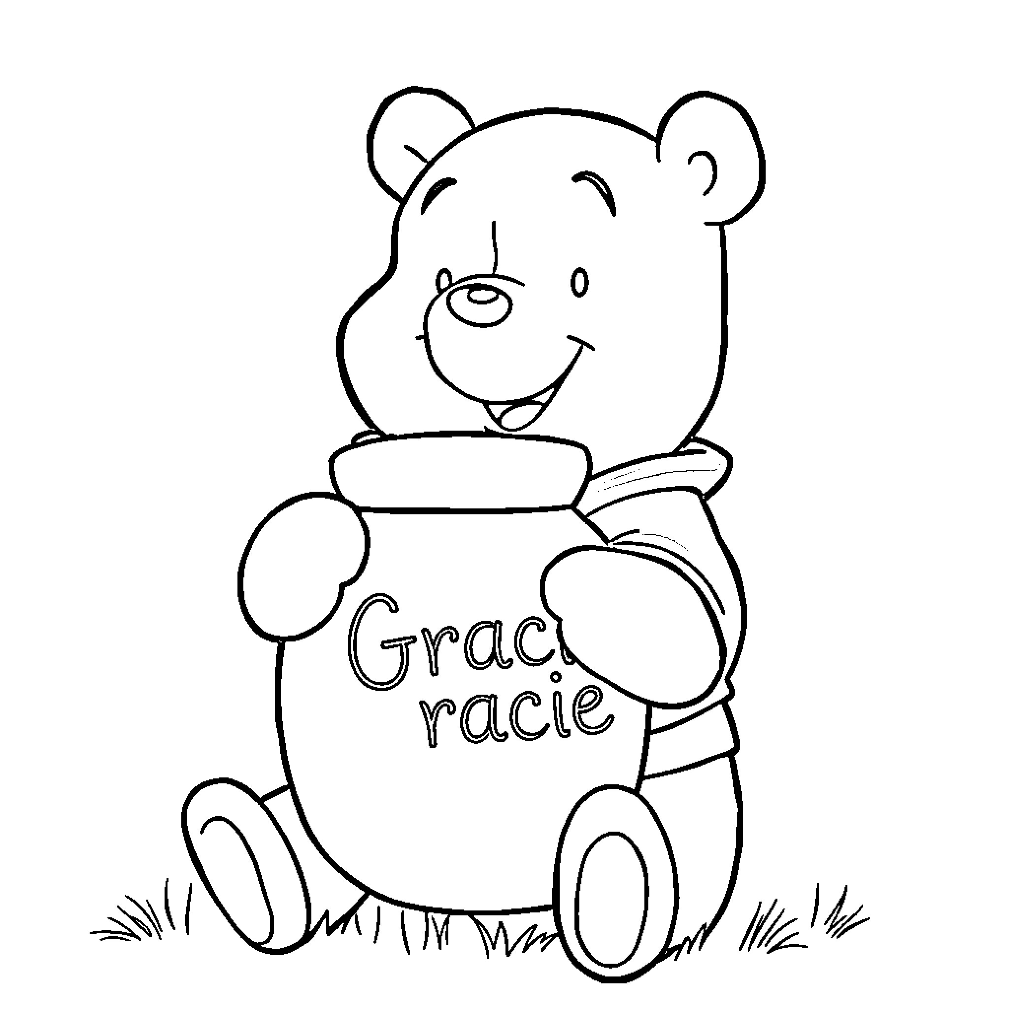 Winnie The Pooh holding a jar with 'Gracias' written on it Coloring Page (free black-and-white line drawing printable PDF for all, from beginners to advanced learners, including children, teens, adults, and seniors)