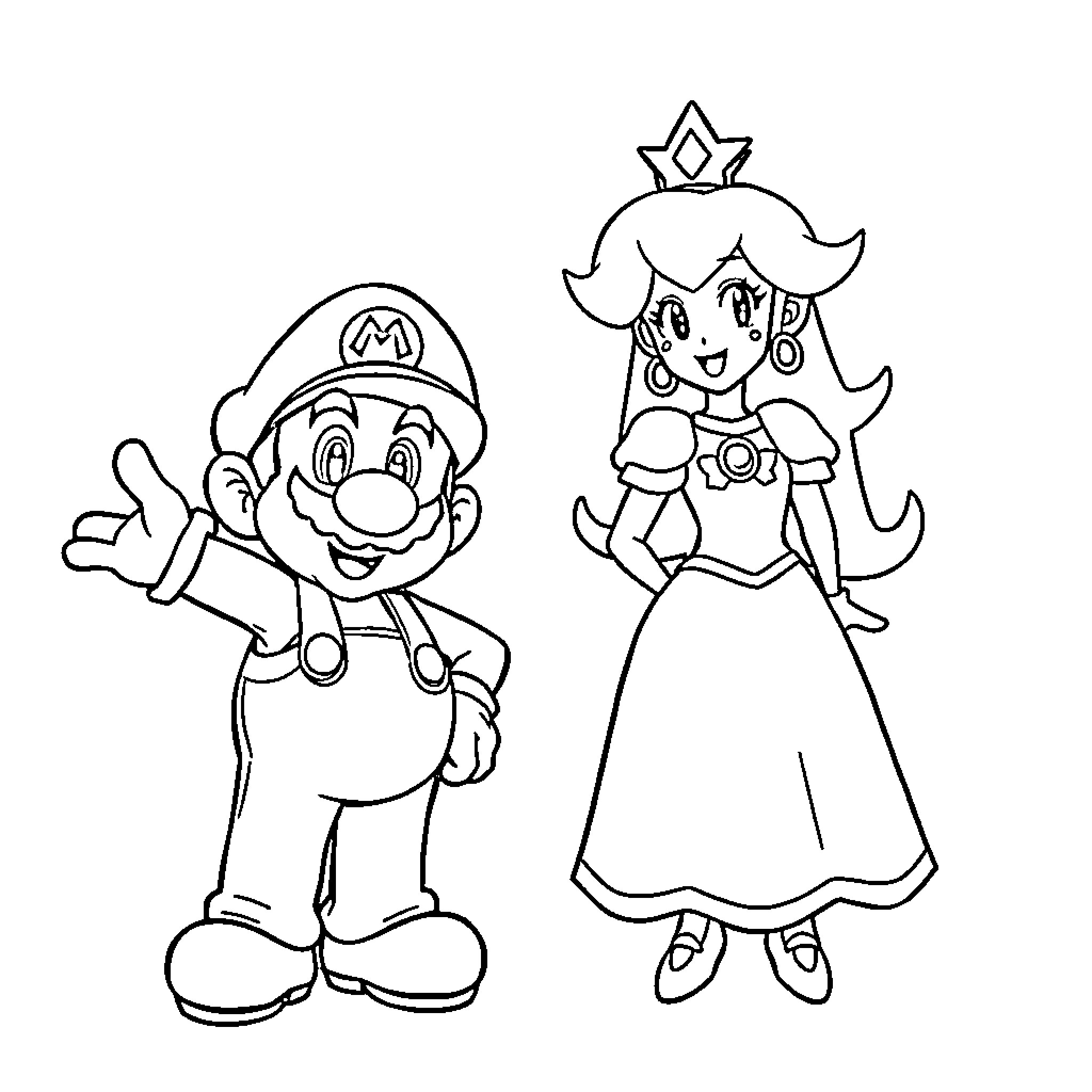 Mario and Princess Posing Playfully Coloring Page (free black-and-white line drawing printable PDF for all, from beginners to advanced learners, including children, teens, adults, and seniors)