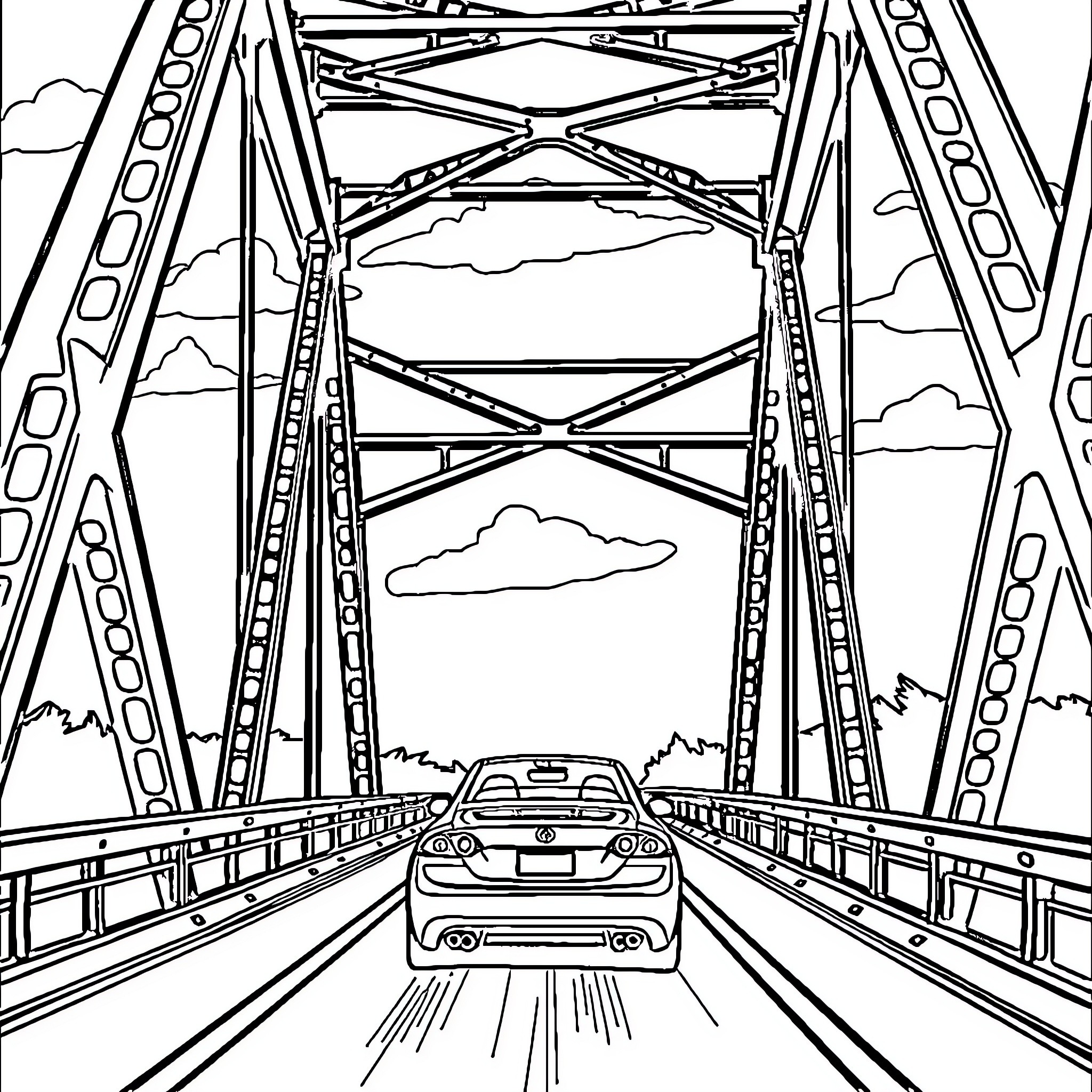 Car crossing a large metal bridge Coloring Page (free black-and-white line drawing printable PDF for all, from beginners to advanced learners, including children, teens, adults, and seniors)