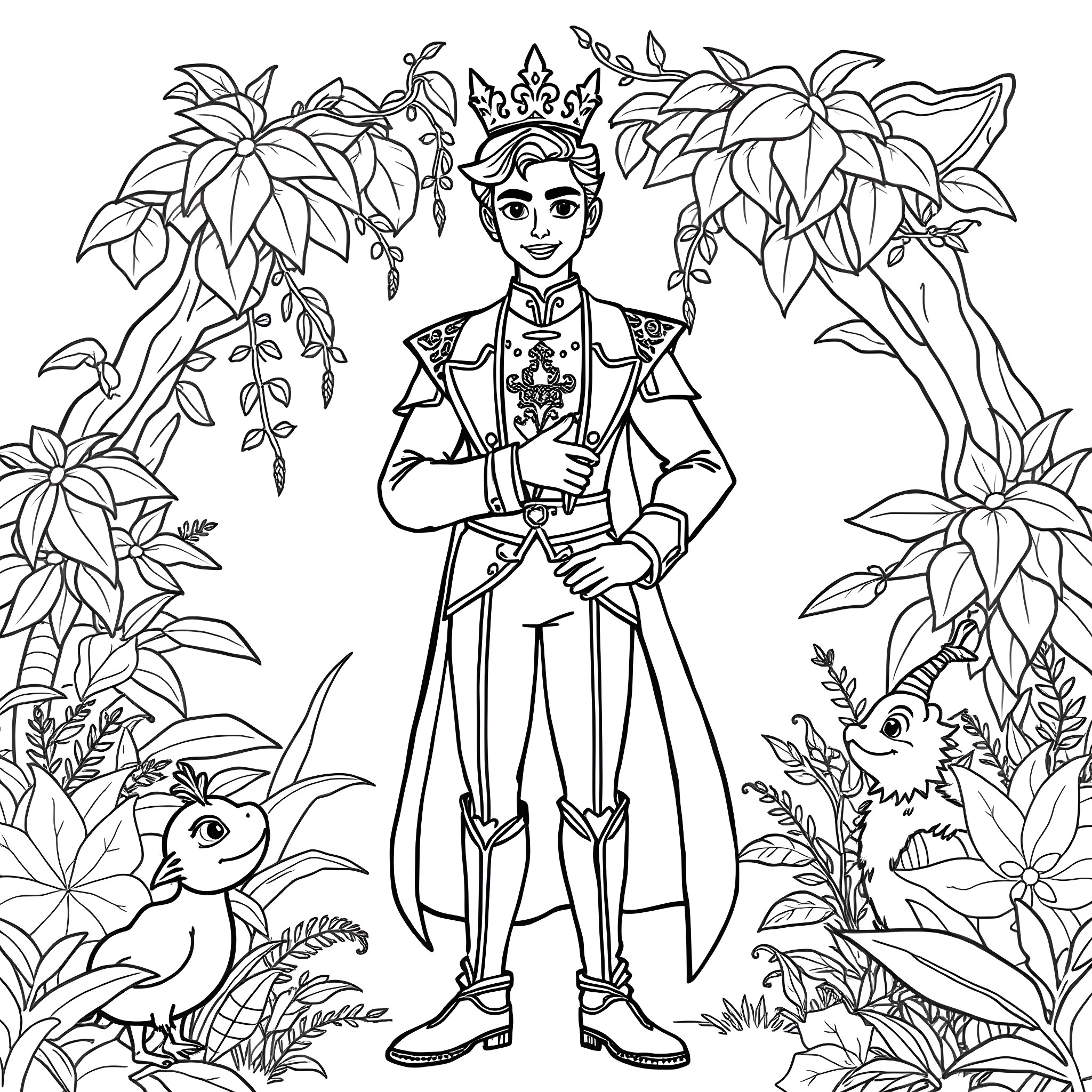 Prince Exploring the Enchanted Botanical Garden Coloring Page (free black-and-white line drawing printable PDF for all, from beginners to advanced learners, including children, teens, adults, and seniors)