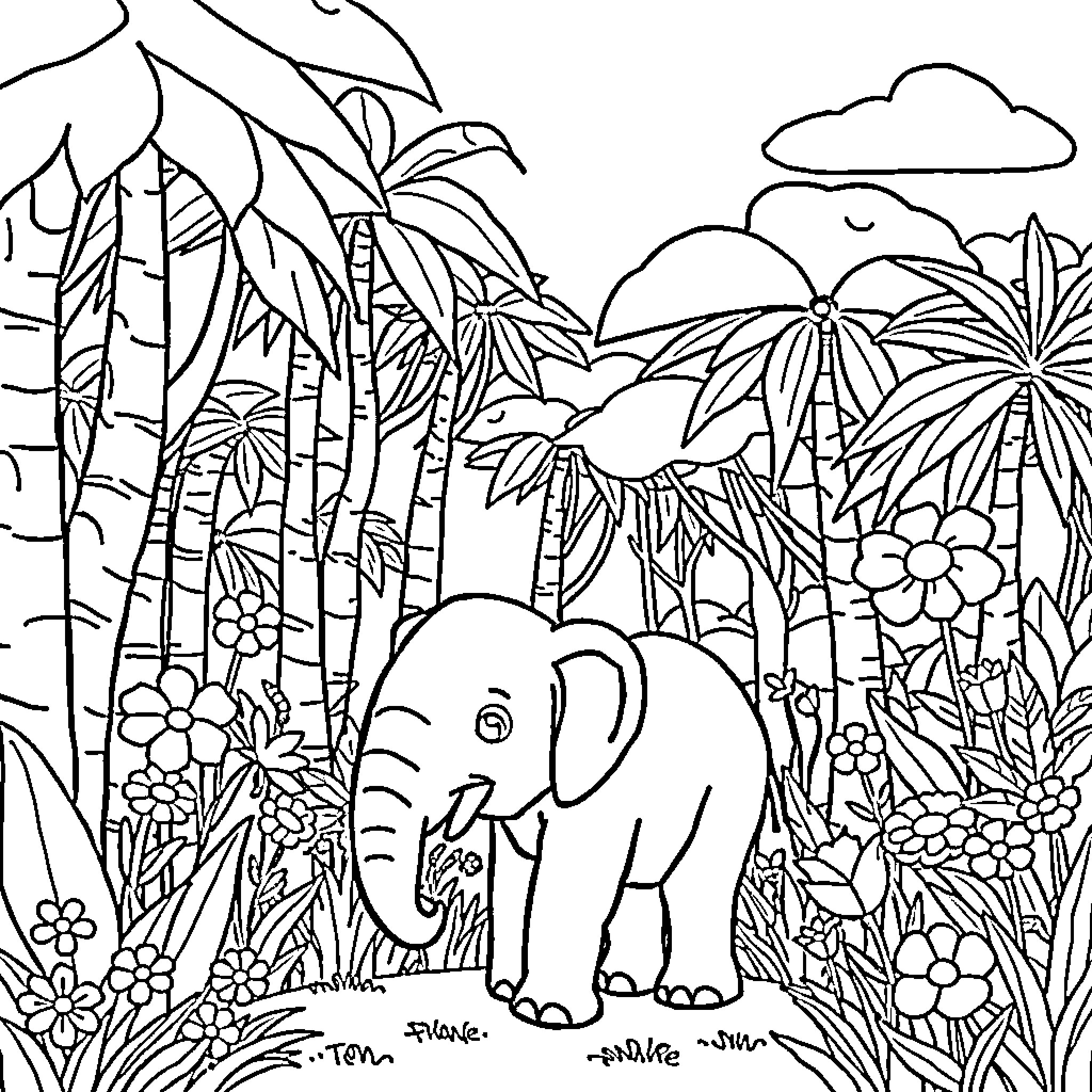 Elephant walking through lush tropical jungle Coloring Page (free black-and-white line drawing printable PDF for all, from beginners to advanced learners, including children, teens, adults, and seniors)