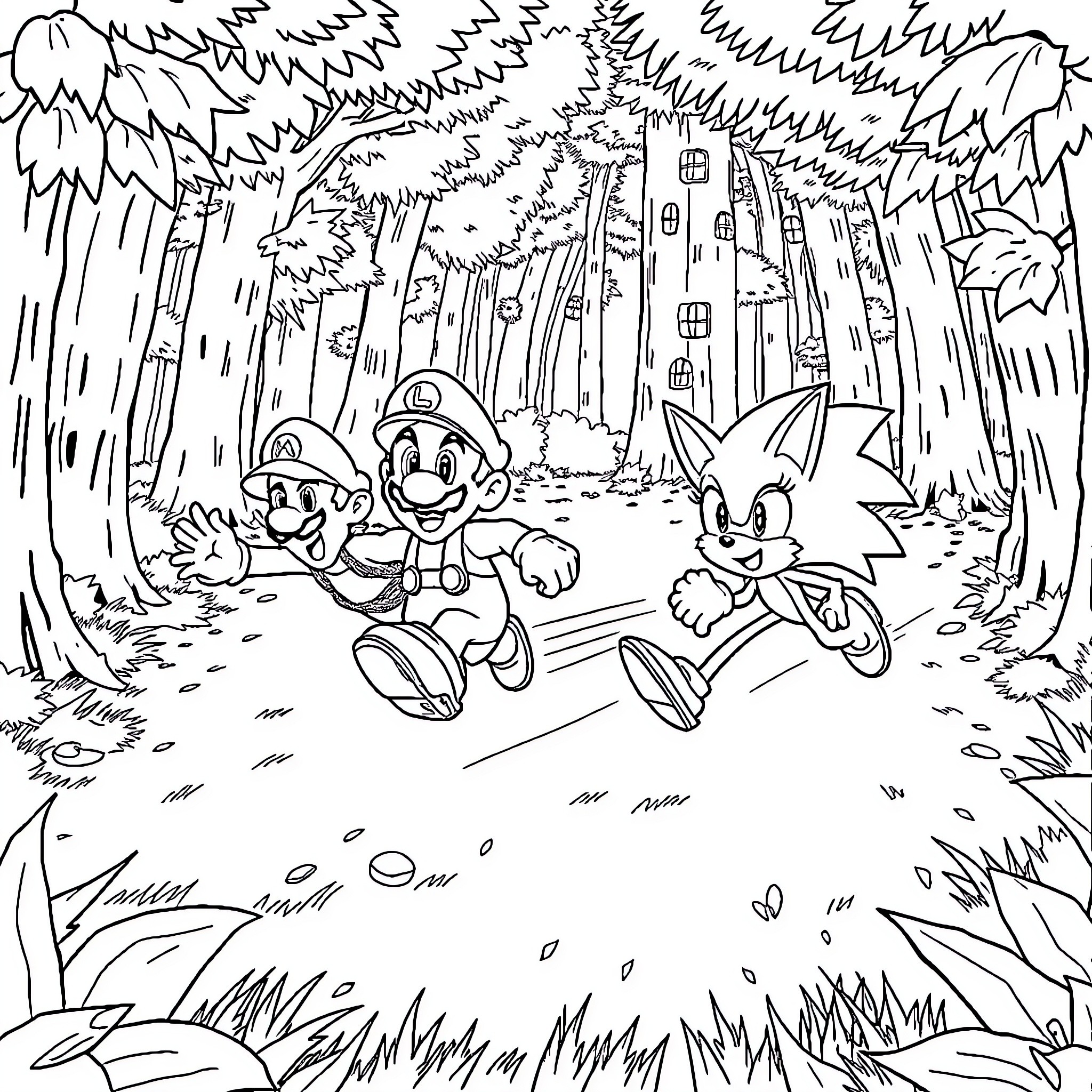 Mario and Sonic exploring the forest together Coloring Page (free black-and-white line drawing printable PDF for all, from beginners to advanced learners, including children, teens, adults, and seniors)