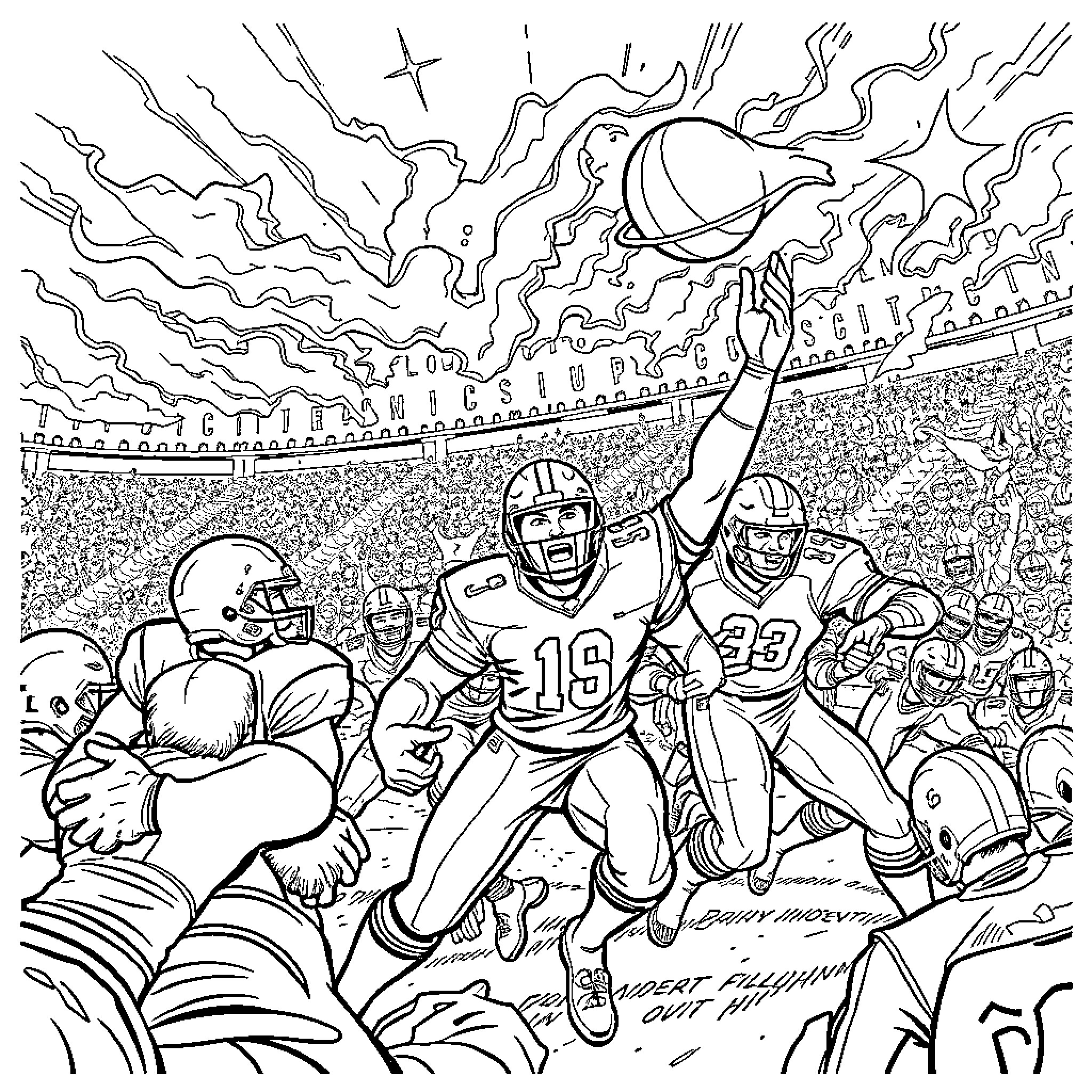 Super Leags: Football Players Battling on the Field Coloring Page (free black-and-white line drawing printable PDF for all, from beginners to advanced learners, including children, teens, adults, and seniors)