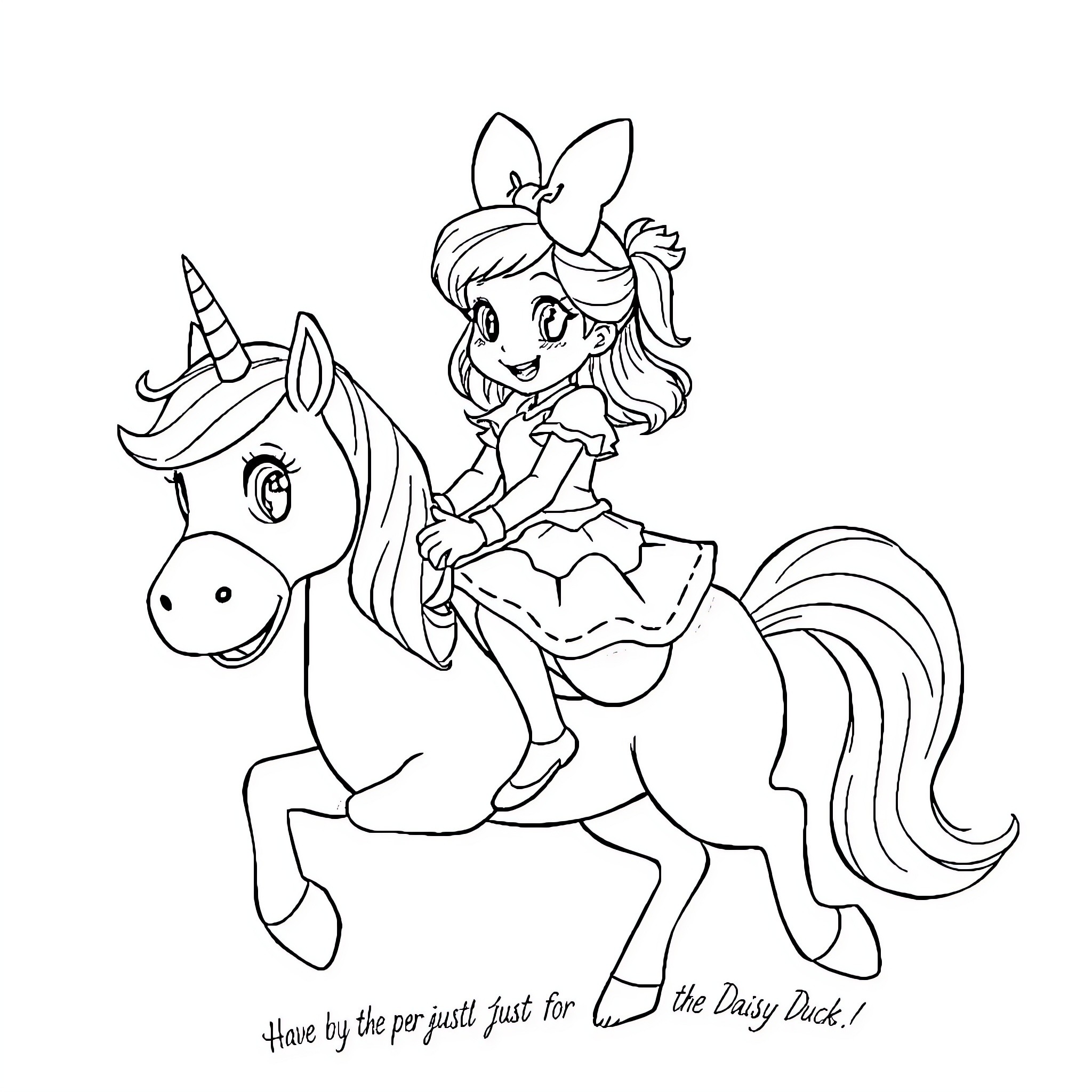 Girl riding unicorn with joyful expression Coloring Page (free black-and-white line drawing printable PDF for all, from beginners to advanced learners, including children, teens, adults, and seniors)