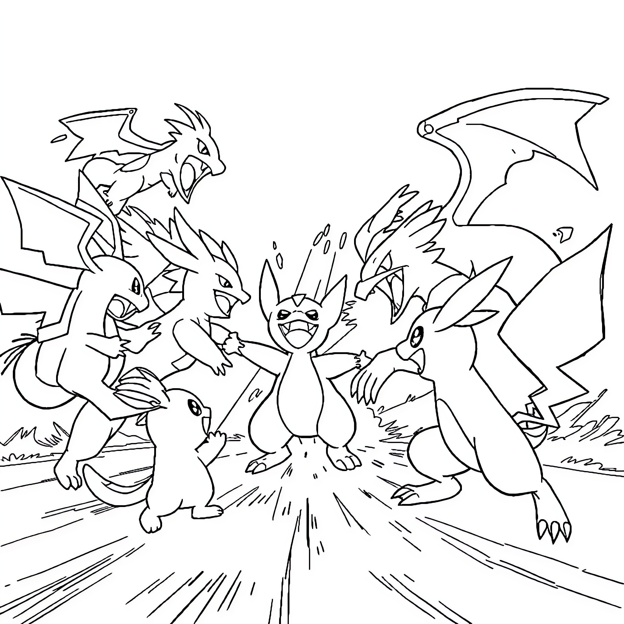Pokémon group in battle scene Coloring Page (free black-and-white line drawing printable PDF for all, from beginners to advanced learners, including children, teens, adults, and seniors)