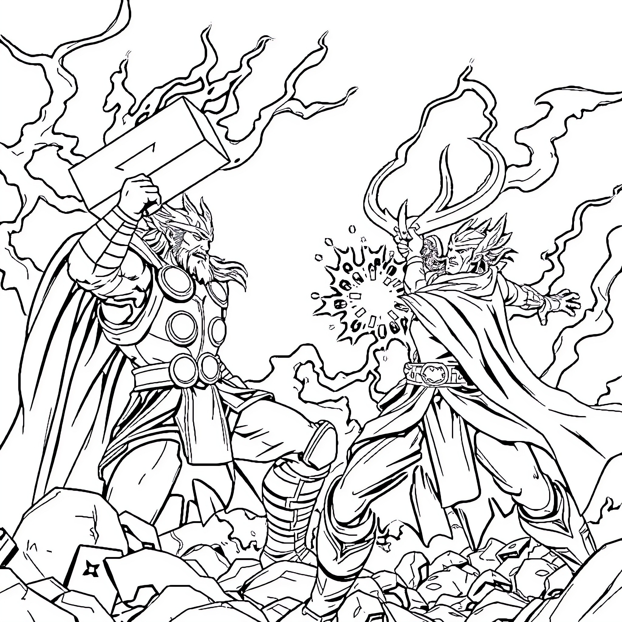 Thor battling a fierce foe in epic combat Coloring Page (free black-and-white line drawing printable PDF for all, from beginners to advanced learners, including children, teens, adults, and seniors)