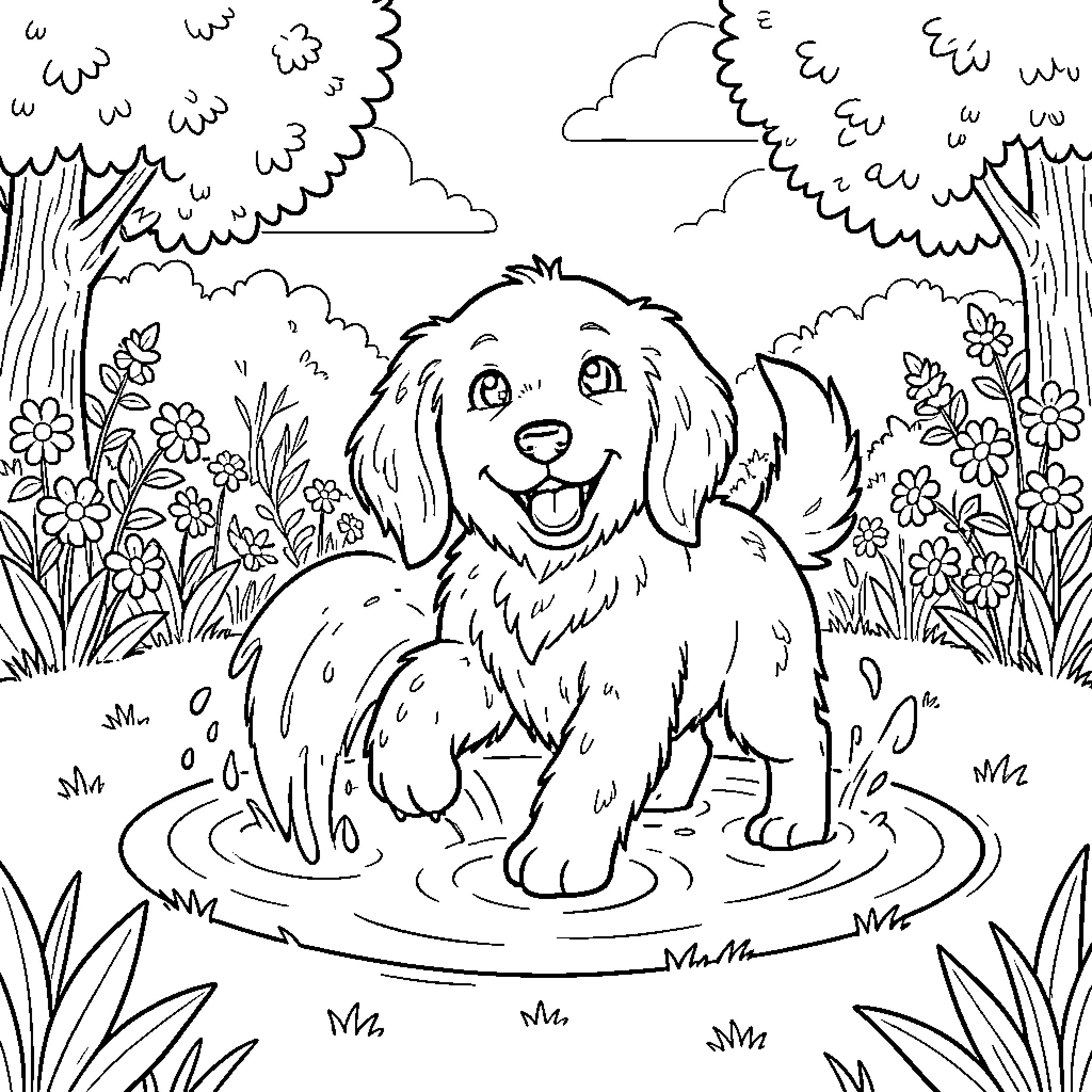 Poodle playing happily in the garden Coloring Page (free black-and-white line drawing printable PDF for all, from beginners to advanced learners, including children, teens, adults, and seniors)