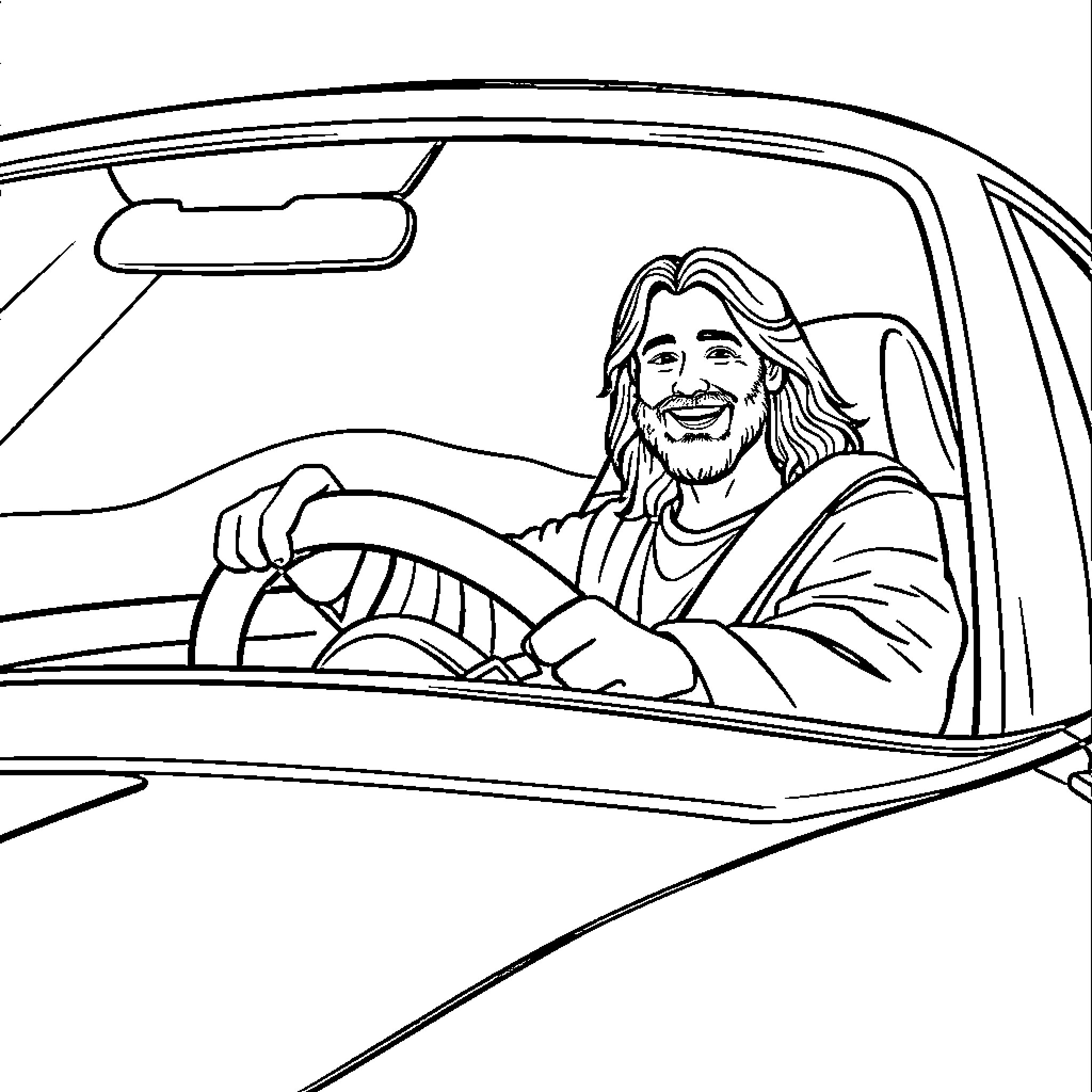 Jesus driving a car with a joyful expression Coloring Page (free black-and-white line drawing printable PDF for all, from beginners to advanced learners, including children, teens, adults, and seniors)