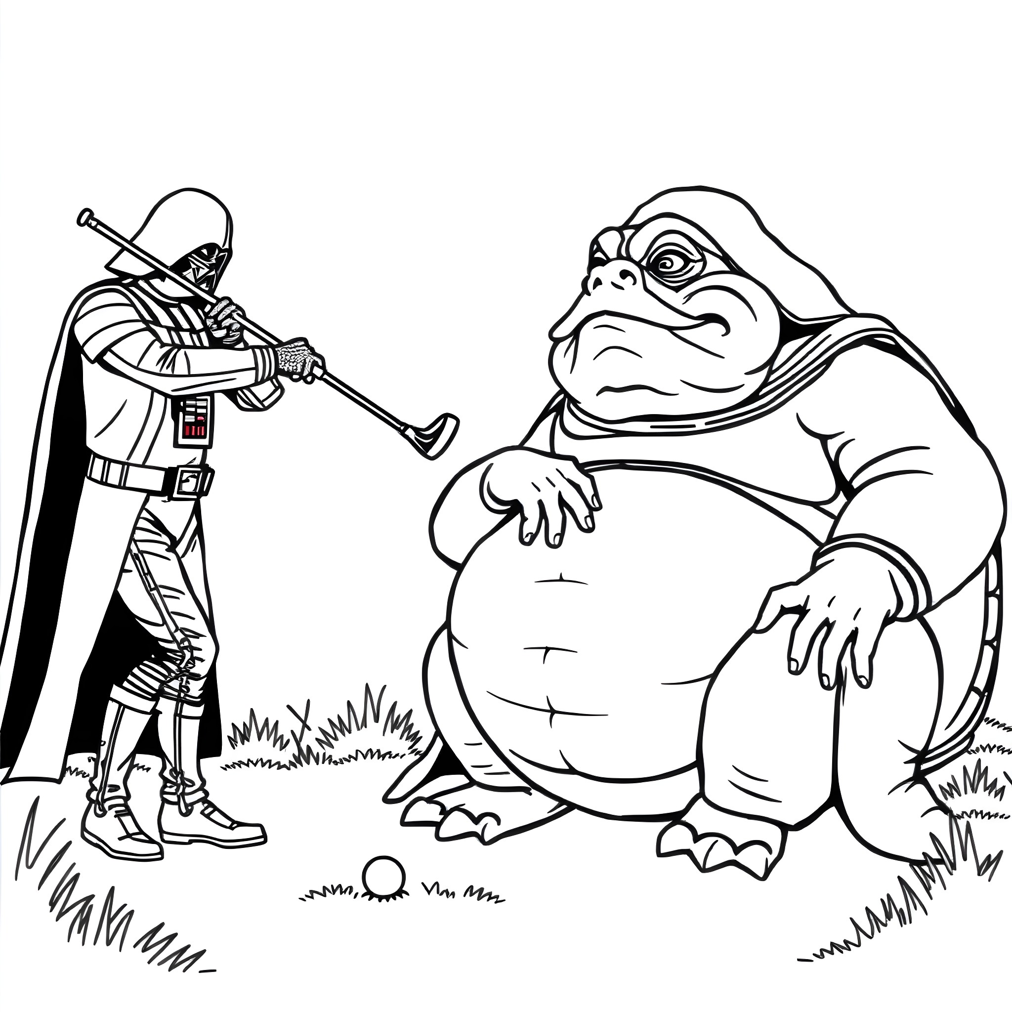 Darth Vader confronting a reluctant alien character Coloring Page (free black-and-white line drawing printable PDF for all, from beginners to advanced learners, including children, teens, adults, and seniors)