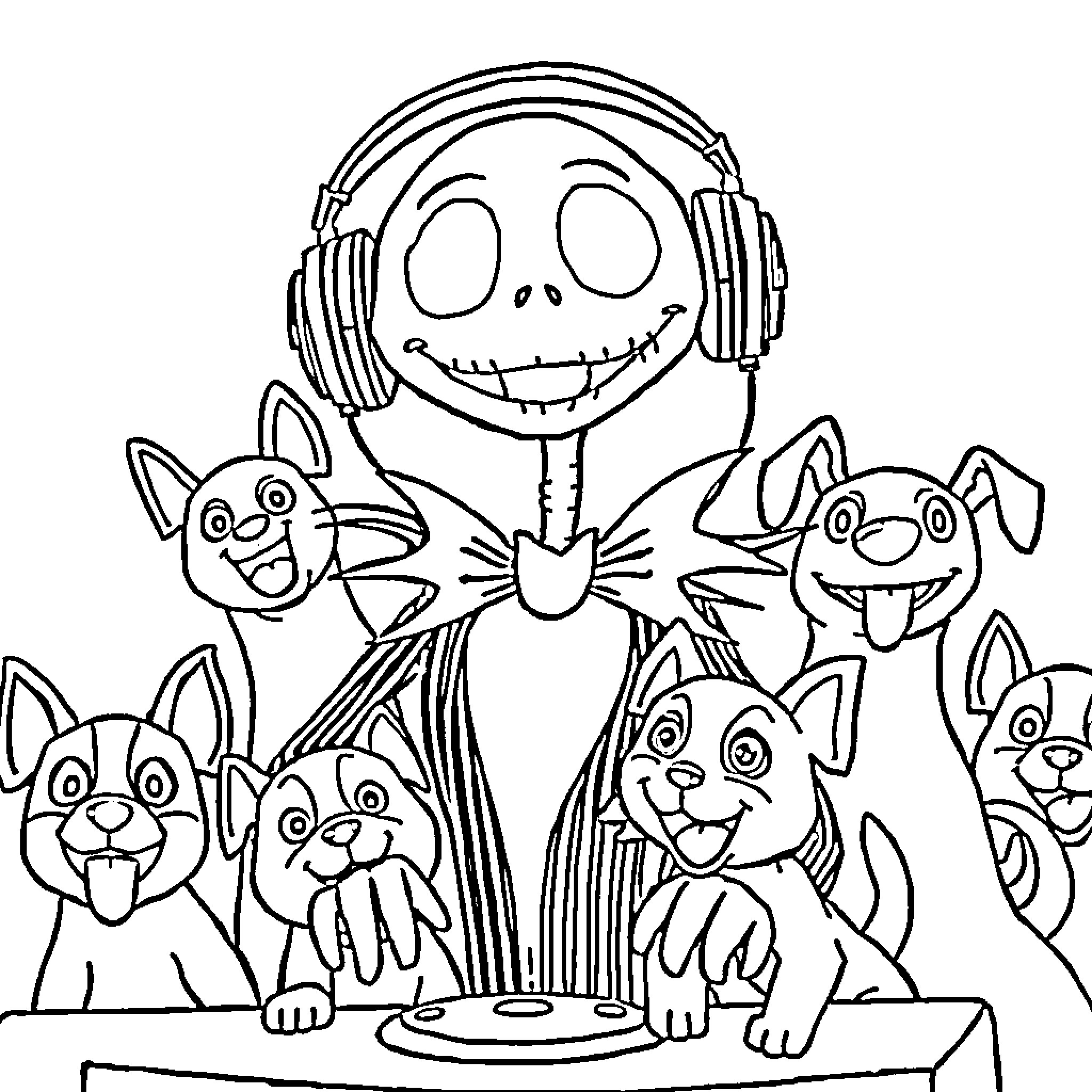 Jack Skellington listening to music with adorable pets Coloring Page (free black-and-white line drawing printable PDF for all, from beginners to advanced learners, including children, teens, adults, and seniors)