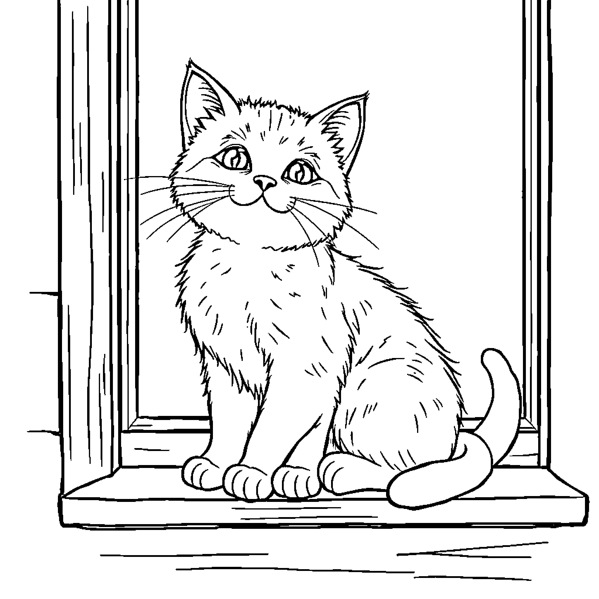 Cat sitting on window sill Coloring Page (free black-and-white line drawing printable PDF for all, from beginners to advanced learners, including children, teens, adults, and seniors)