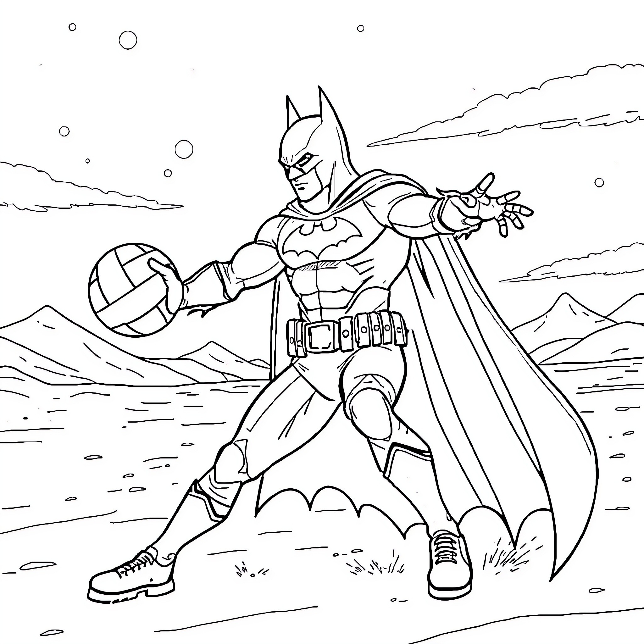 Batman on an adventure in the wilderness Coloring Page (free black-and-white line drawing printable PDF for all, from beginners to advanced learners, including children, teens, adults, and seniors)