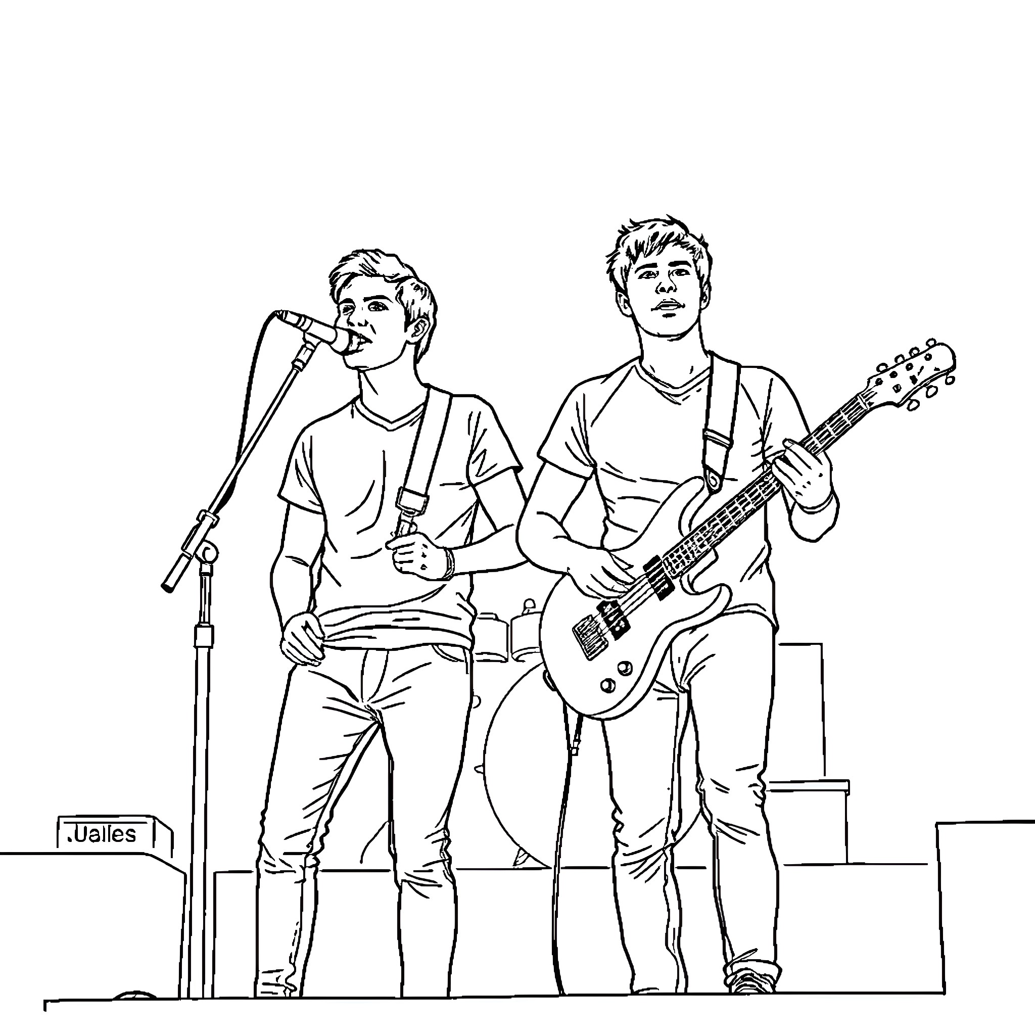 Tyler Joseph Performing on Stage with Bandmate Coloring Page (free black-and-white line drawing printable PDF for all, from beginners to advanced learners, including children, teens, adults, and seniors)