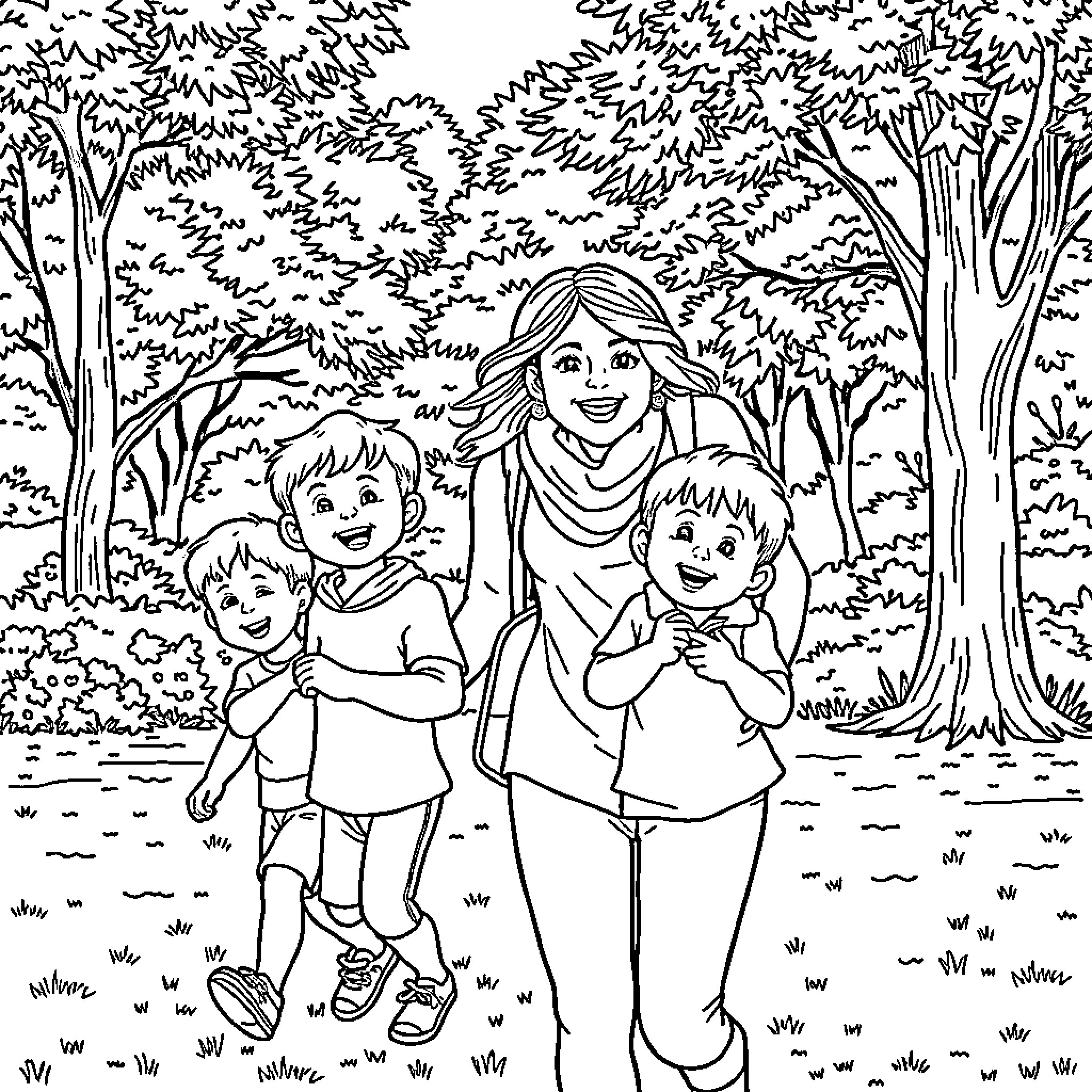 Mother walking joyfully with her two young sons Coloring Page (free black-and-white line drawing printable PDF for all, from beginners to advanced learners, including children, teens, adults, and seniors)
