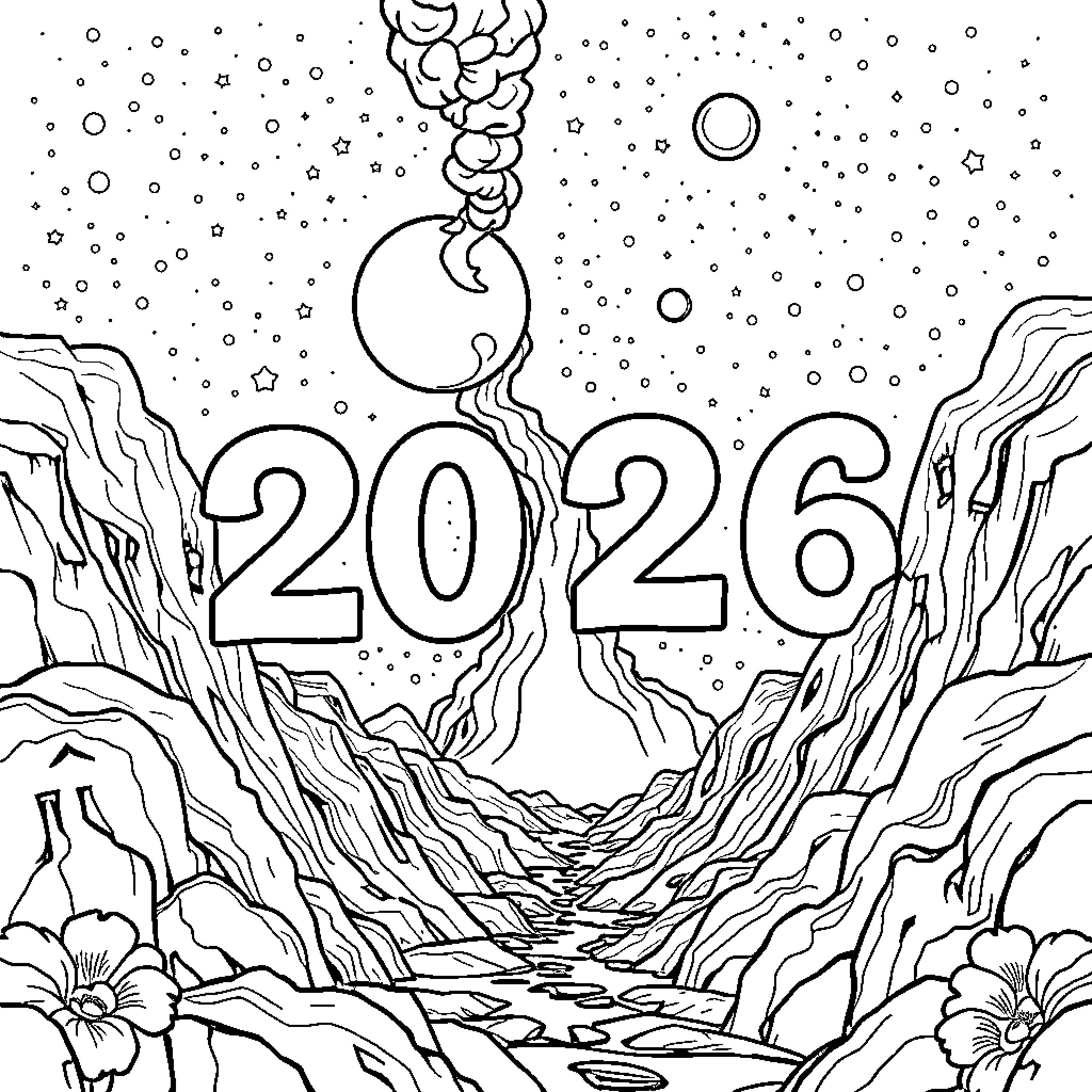Year 2026 in the snowy mountains Coloring Page (free black-and-white line drawing printable PDF for all, from beginners to advanced learners, including children, teens, adults, and seniors)