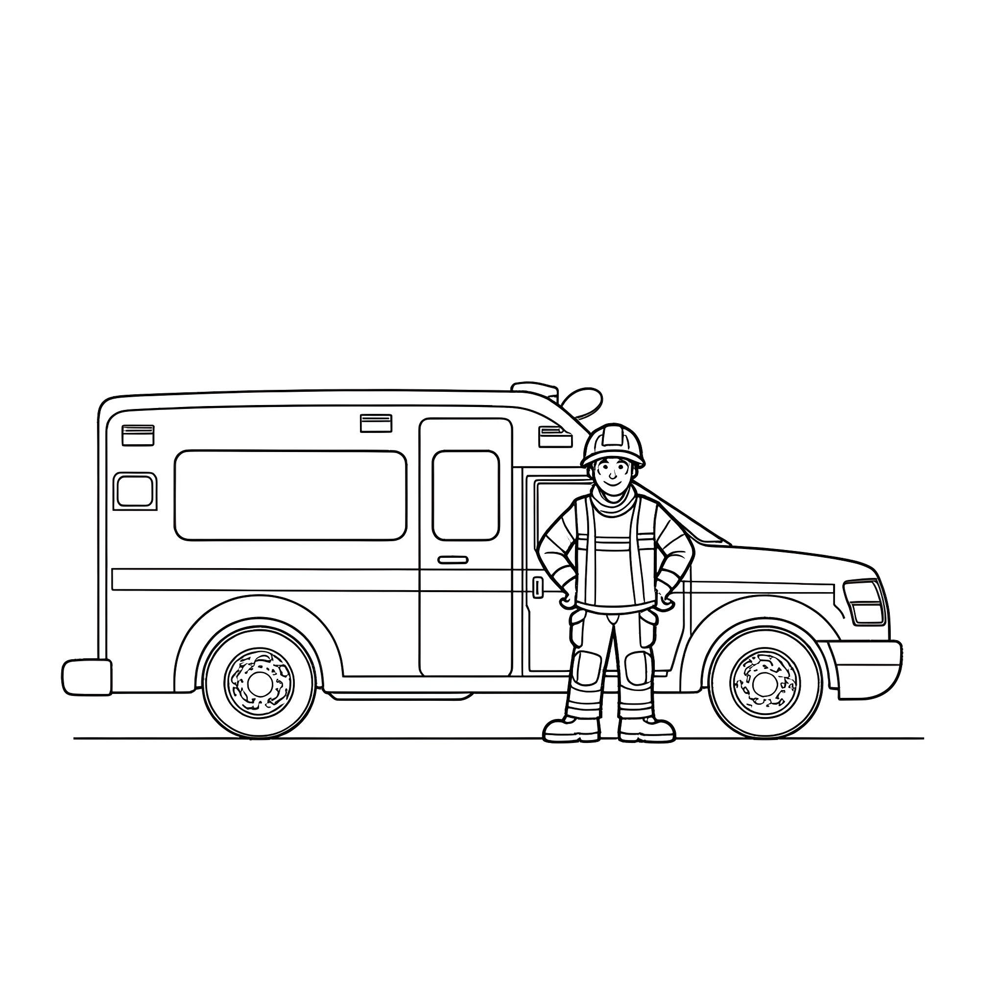 Firefighter preparing to respond to emergency call Coloring Page (free black-and-white line drawing printable PDF for all, from beginners to advanced learners, including children, teens, adults, and seniors)