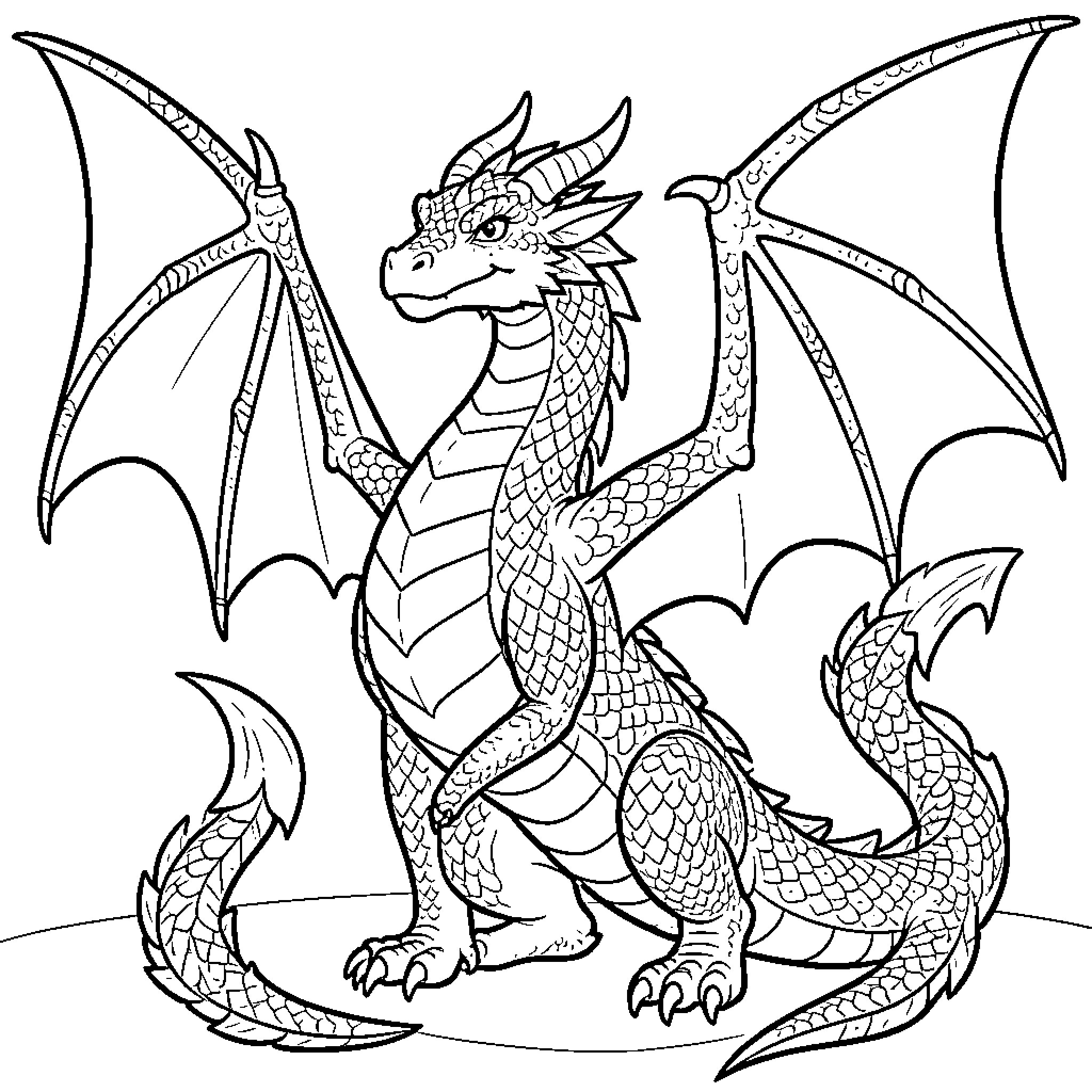Dragon sitting proudly with wings spread wide Coloring Page (free black-and-white line drawing printable PDF for all, from beginners to advanced learners, including children, teens, adults, and seniors)