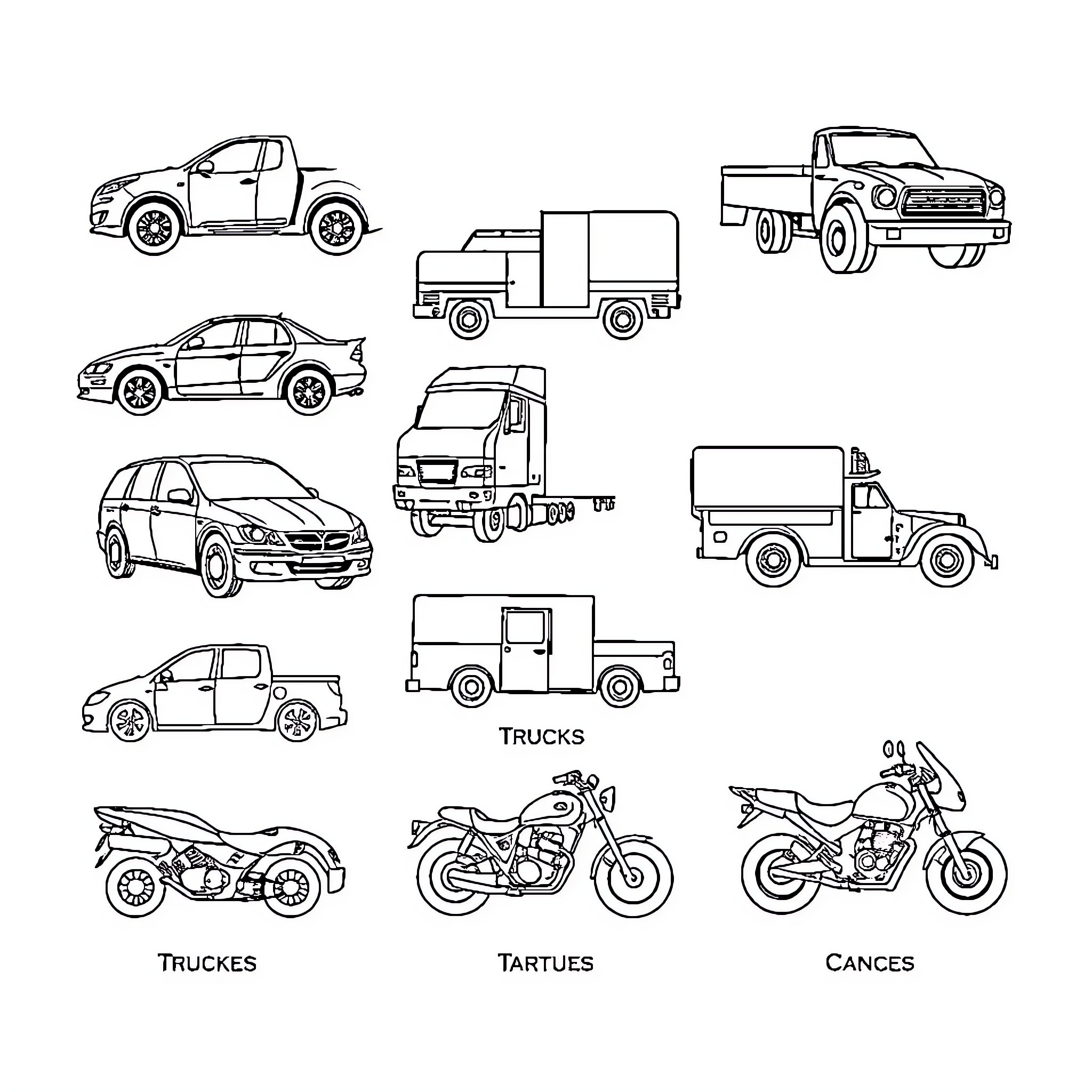 Vehicle Illustrations Depicting Various Transportation Types Coloring Page (free black-and-white line drawing printable PDF for all, from beginners to advanced learners, including children, teens, adults, and seniors)
