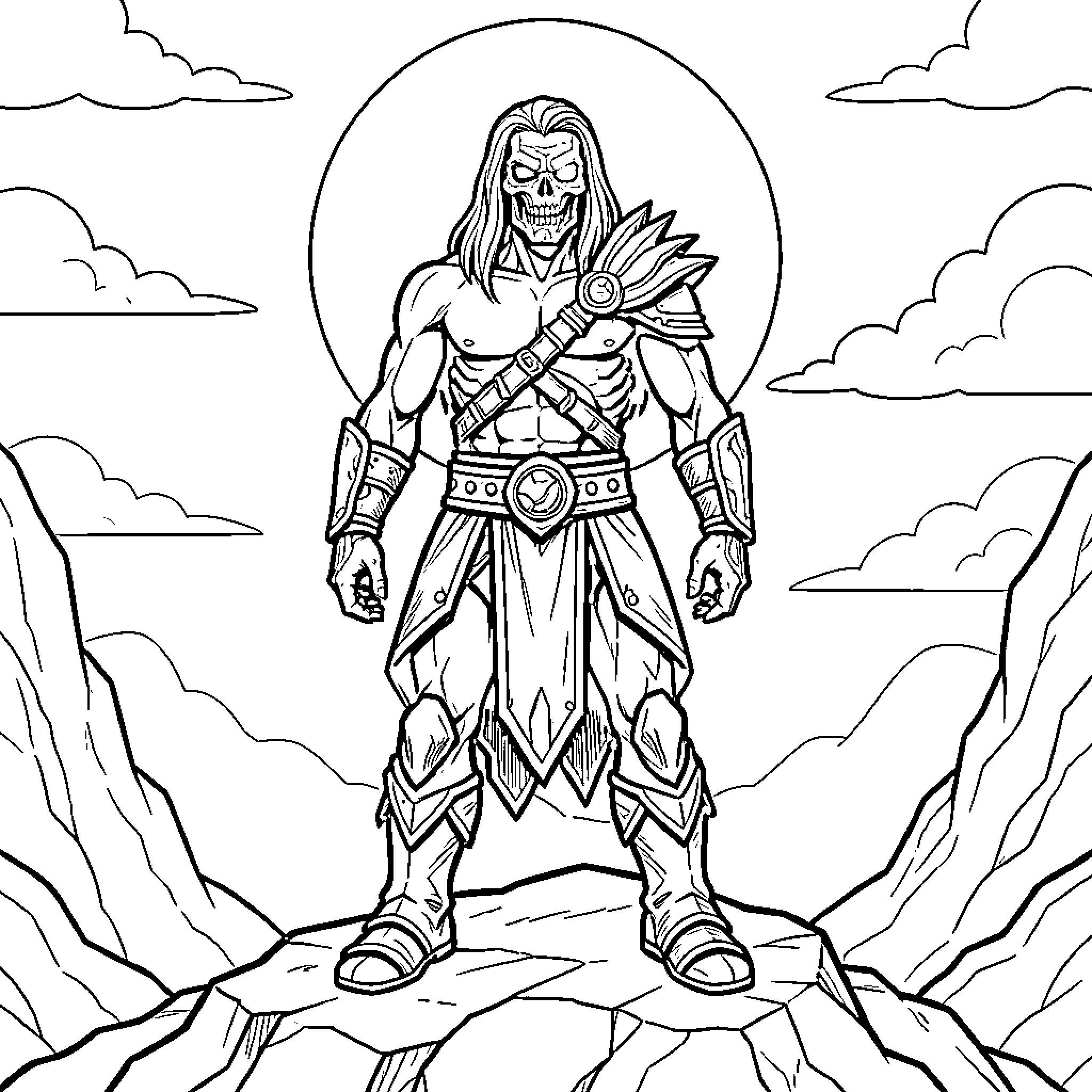 Skeletor's Menacing Presence in the Rocky Landscape Coloring Page (free black-and-white line drawing printable PDF for all, from beginners to advanced learners, including children, teens, adults, and seniors)