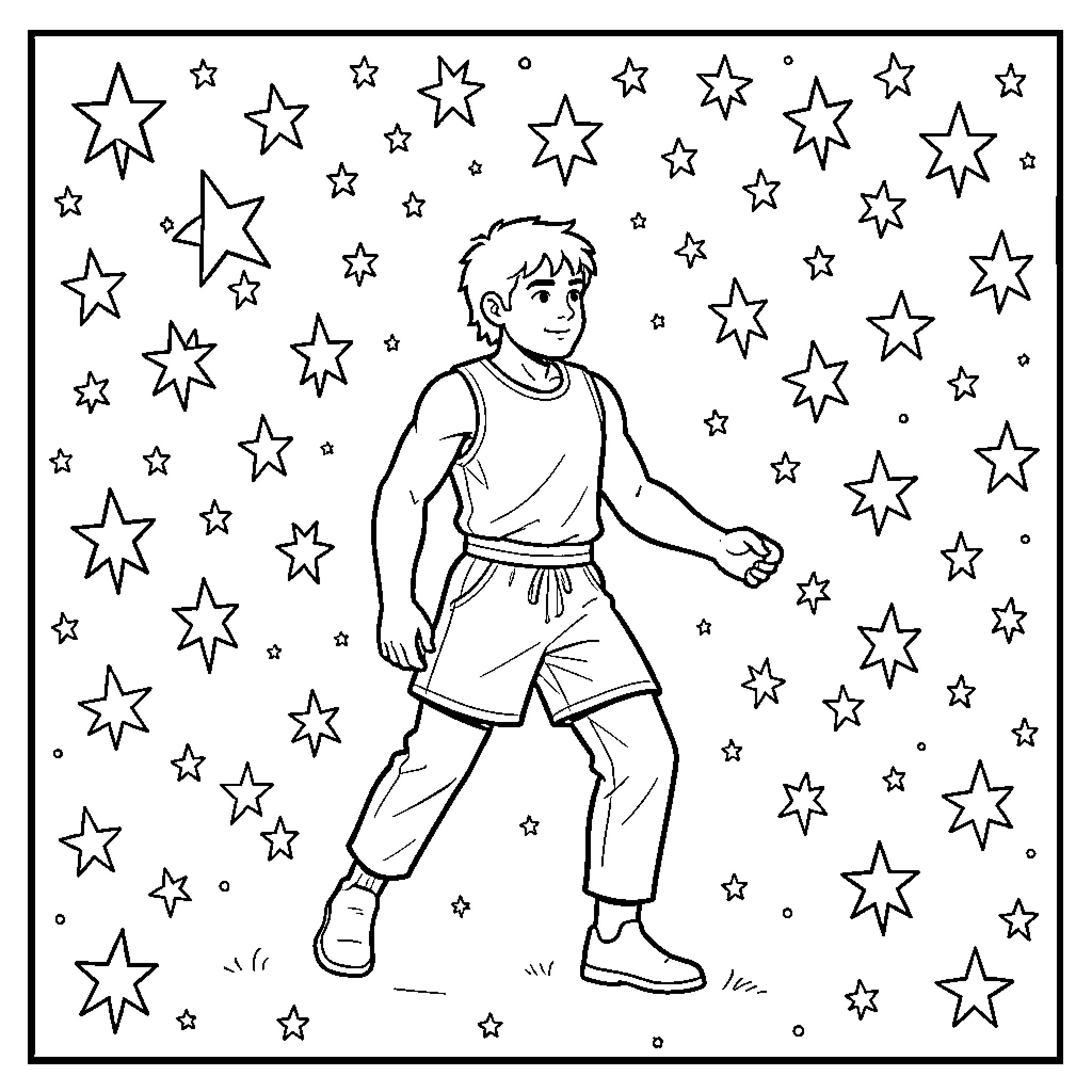 Jordan walking joyfully amidst a sea of stars Coloring Page (free black-and-white line drawing printable PDF for all, from beginners to advanced learners, including children, teens, adults, and seniors)