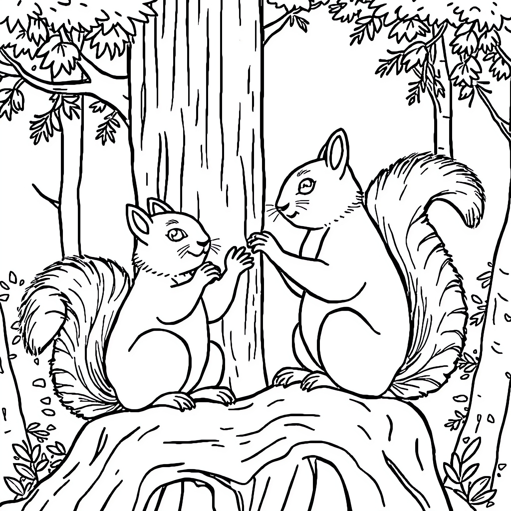 Squirrels playing in the forest Coloring Page (free black-and-white line drawing printable PDF for all, from beginners to advanced learners, including children, teens, adults, and seniors)
