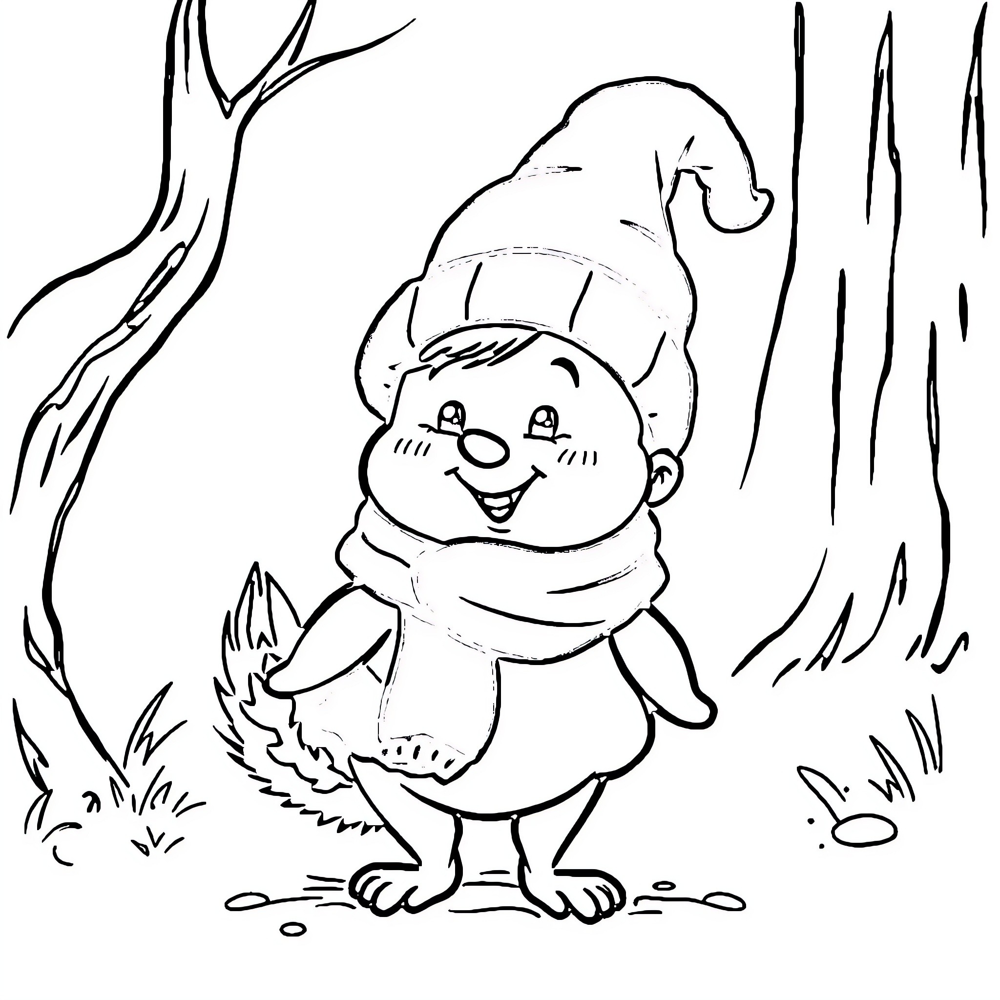 Kabouter exploring the forest Coloring Page (free black-and-white line drawing printable PDF for all, from beginners to advanced learners, including children, teens, adults, and seniors)