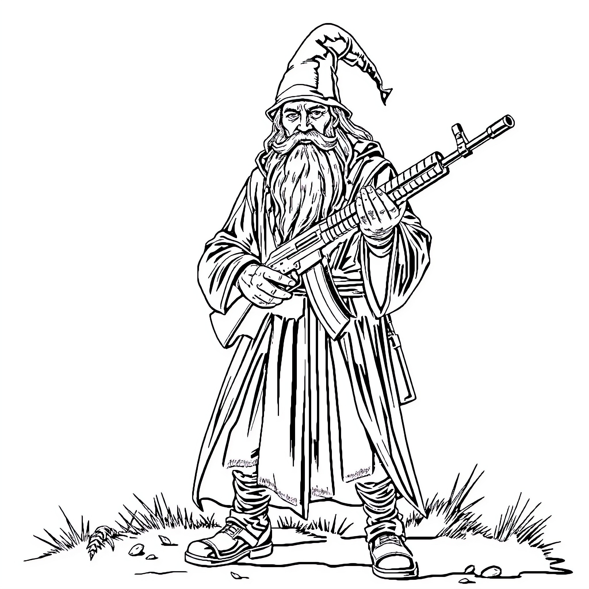 Gandalf the Wizard Wielding His Staff Coloring Page (free black-and-white line drawing printable PDF for all, from beginners to advanced learners, including children, teens, adults, and seniors)