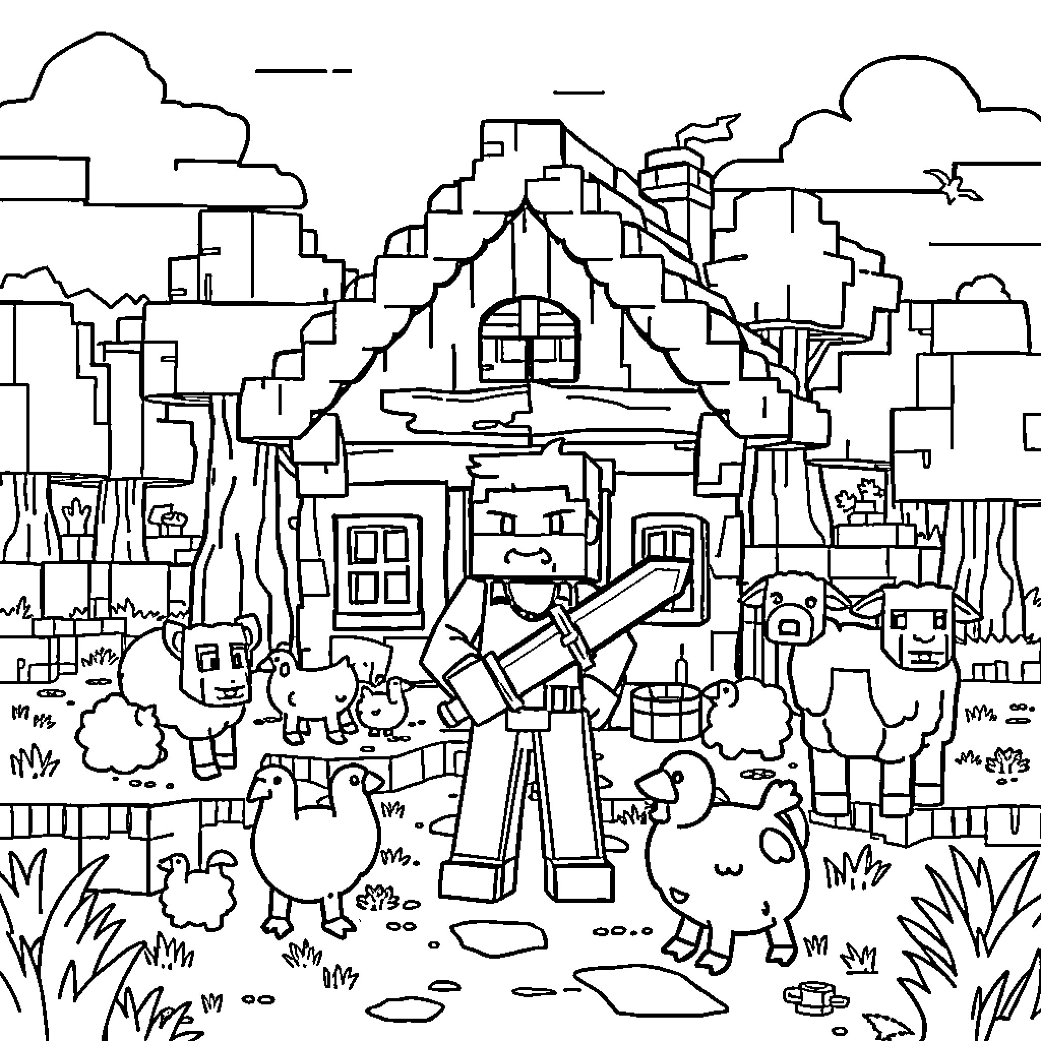 Minecraft Exploring Charming Pixelated Landscape Coloring Page (free black-and-white line drawing printable PDF for all, from beginners to advanced learners, including children, teens, adults, and seniors)