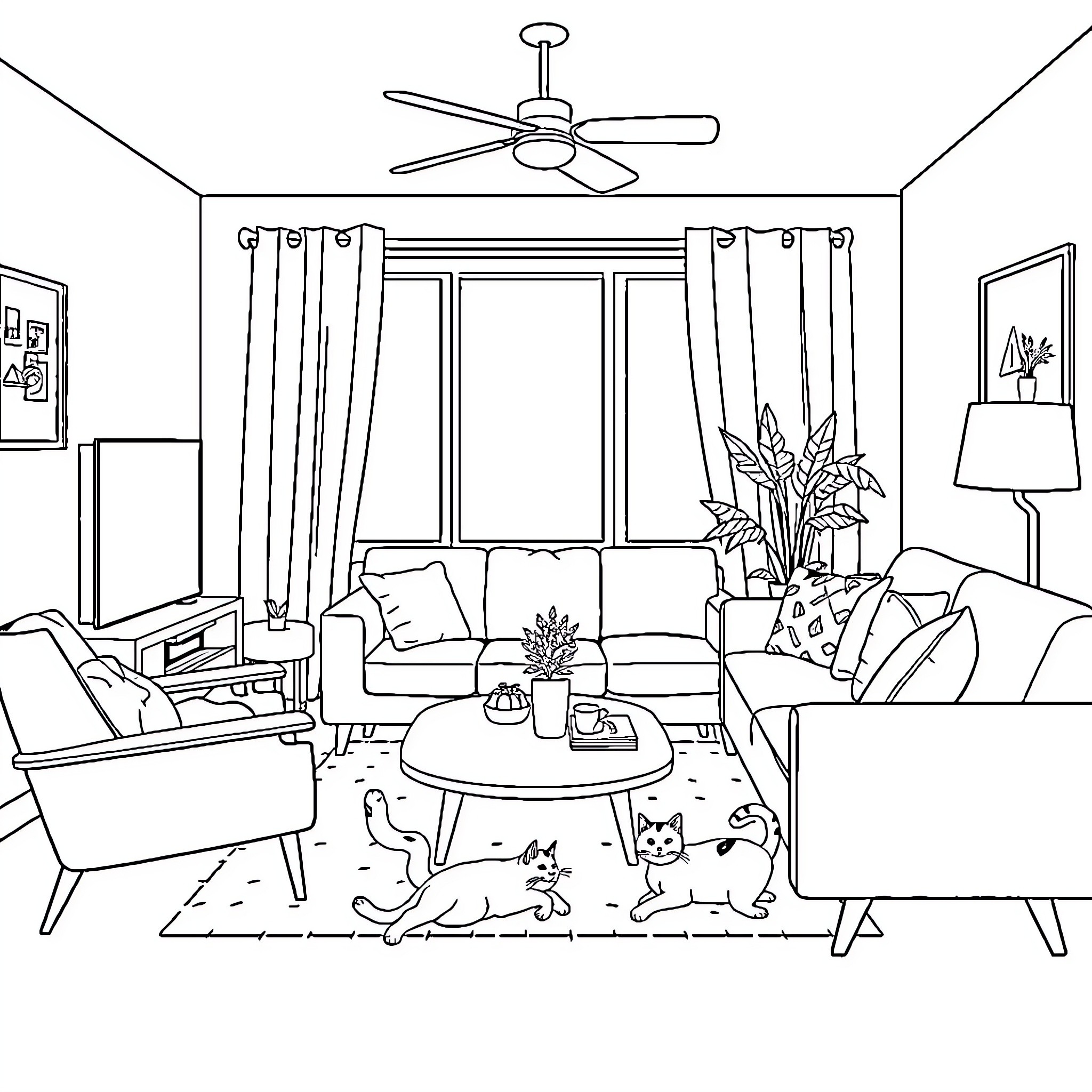 Cat relaxing in cozy living room Coloring Page (free black-and-white line drawing printable PDF for all, from beginners to advanced learners, including children, teens, adults, and seniors)