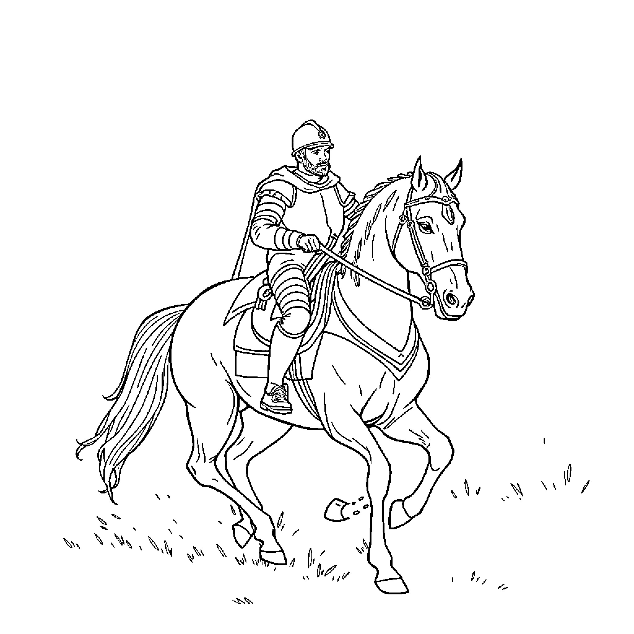Chevalier Riding Majestic Horse on the Field Coloring Page (free black-and-white line drawing printable PDF for all, from beginners to advanced learners, including children, teens, adults, and seniors)