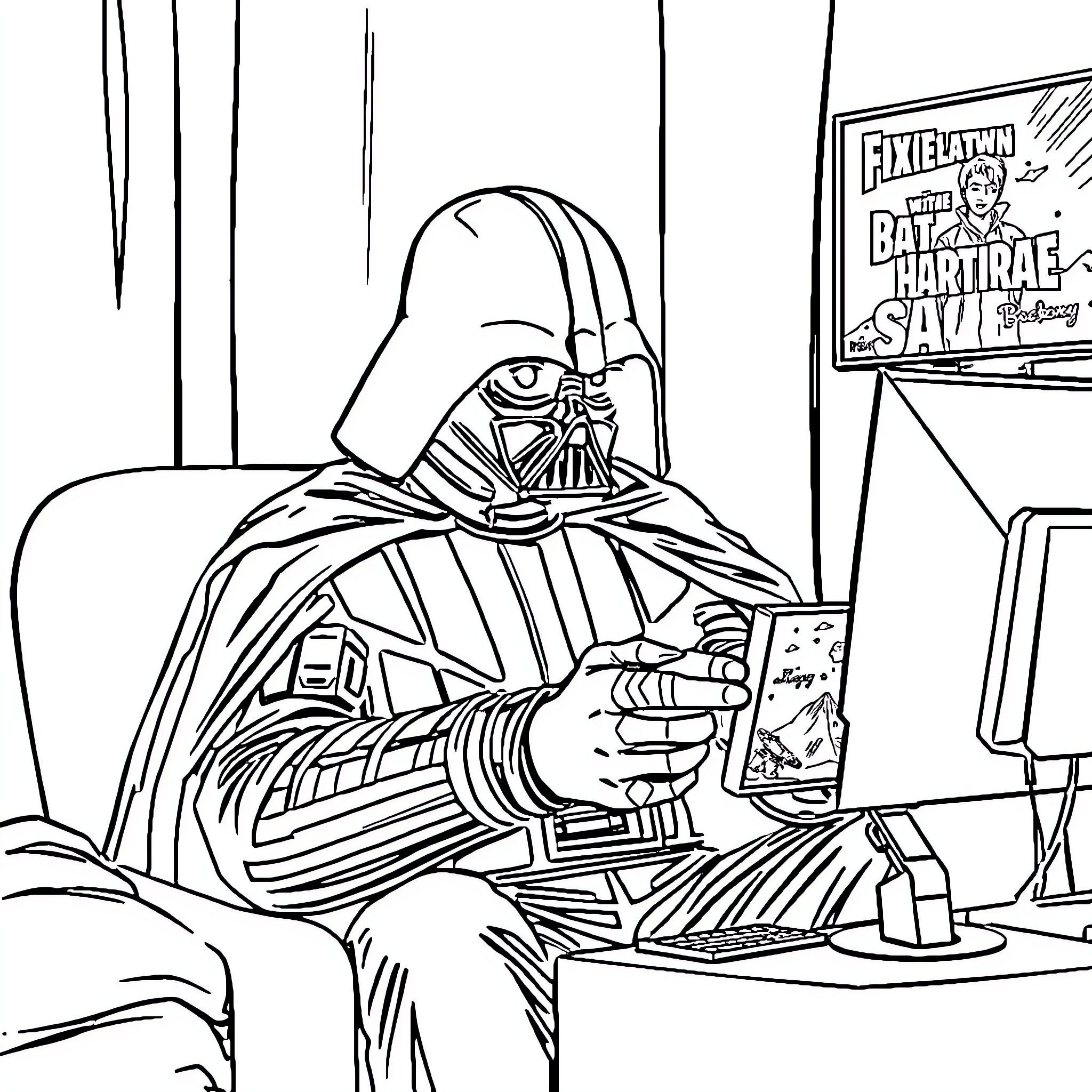 Darth Vader shopping for hardware sales Coloring Page (free black-and-white line drawing printable PDF for all, from beginners to advanced learners, including children, teens, adults, and seniors)