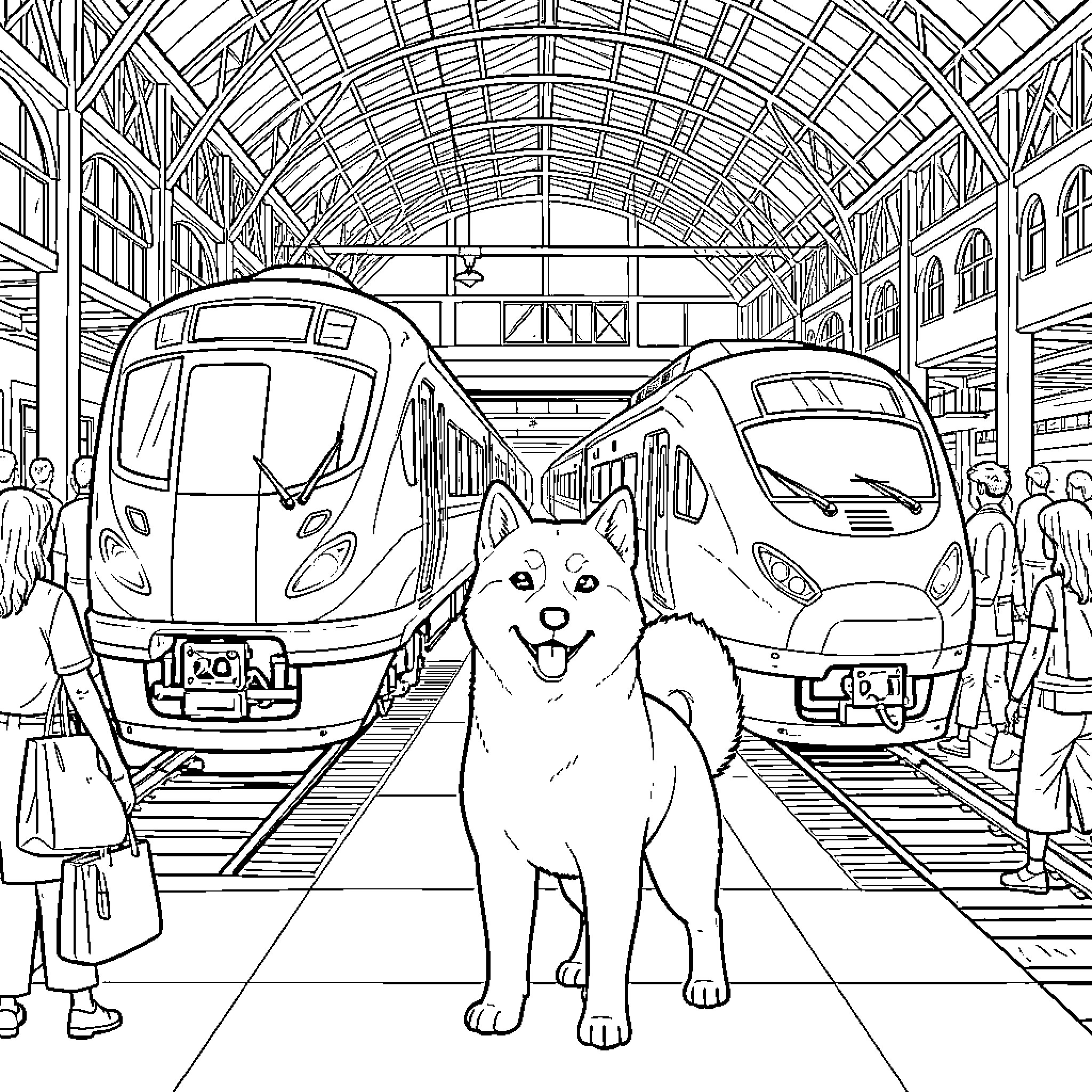 Hachiko's Train Station Adventure Coloring Page (free black-and-white line drawing printable PDF for all, from beginners to advanced learners, including children, teens, adults, and seniors)